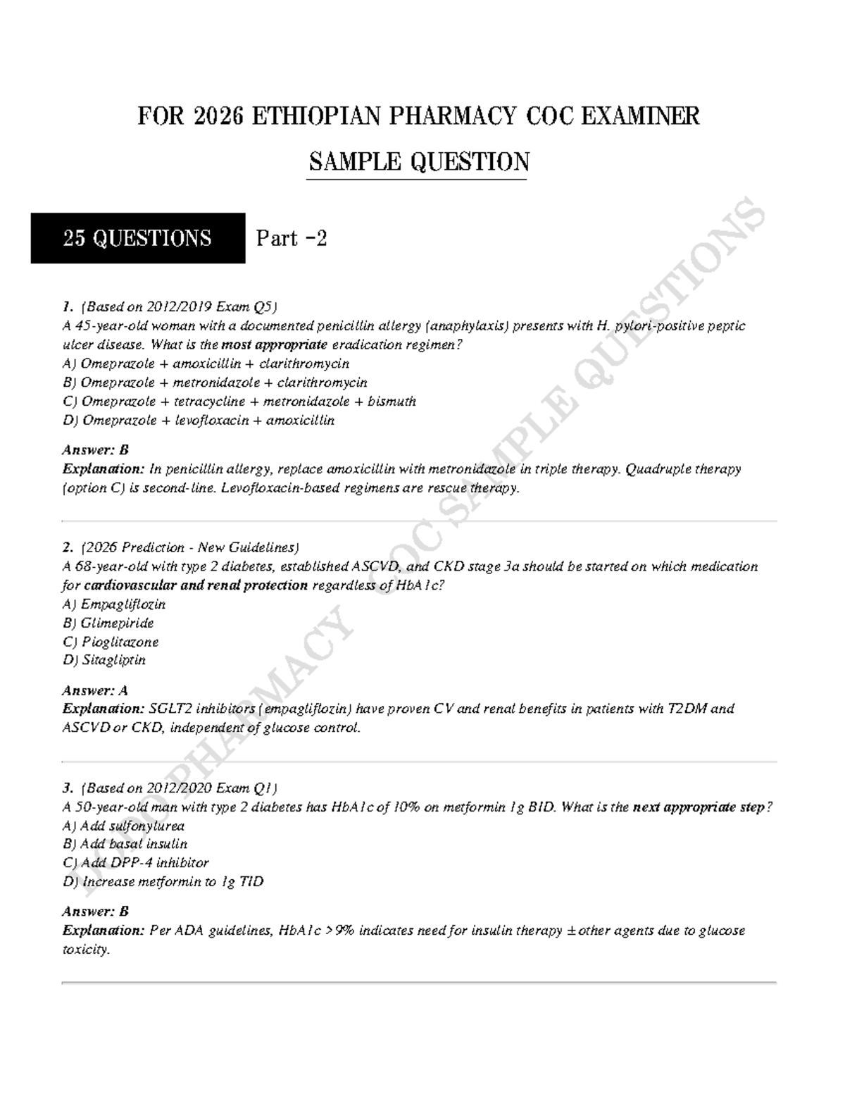 2026 Ethiopian Pharmacy COC Examiner Sample Questions Part 2 - Studocu