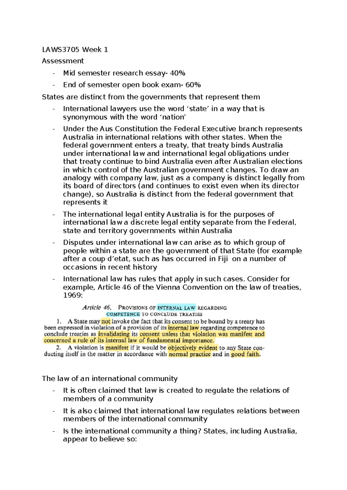LAWS3705 Week 1 - Key International Law Concepts and Lecture Notes ...