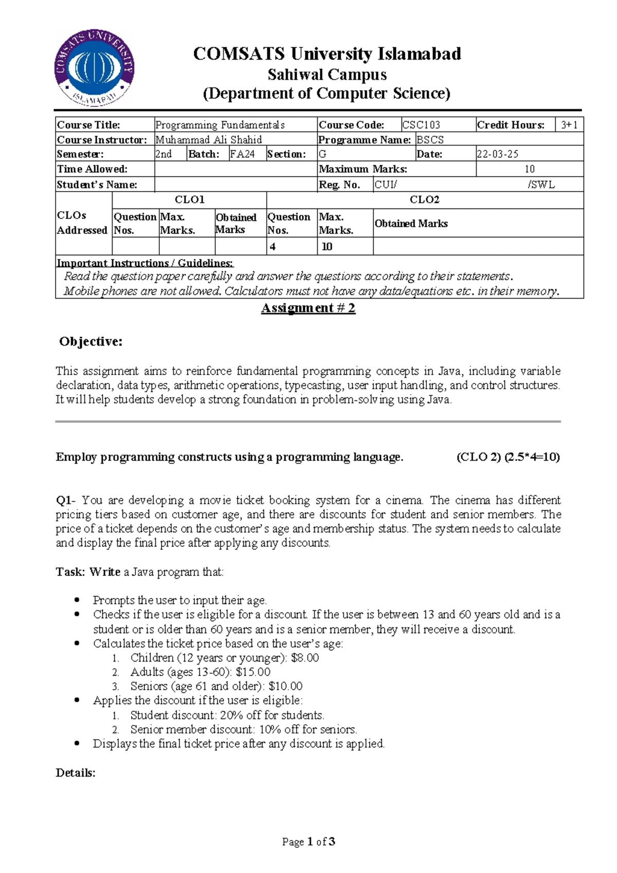 SP23-BCS-120 - Programming Fundamentals Code Example by Noman Ali - Studocu