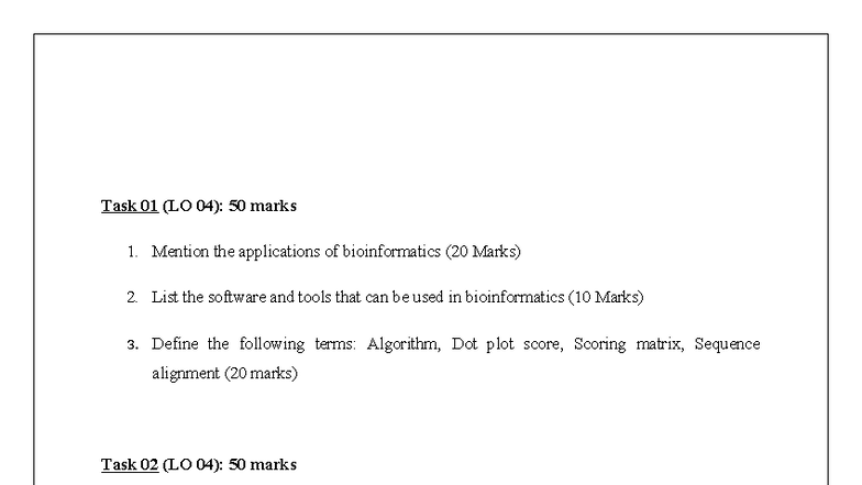 Bioinformatics Applications and Tools: Task 01 & 02 (LO 04) - Studocu