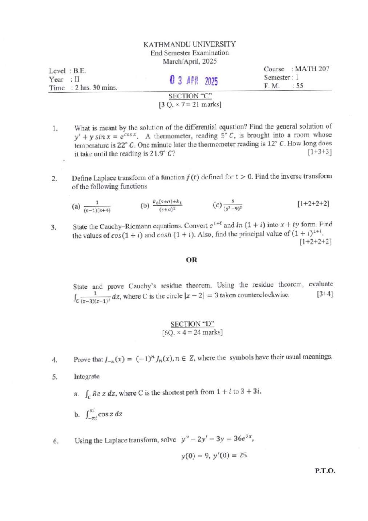 KATHMANDU UNIVERSITY MATH 207 End Semester Exam Past Questions 2025 ...