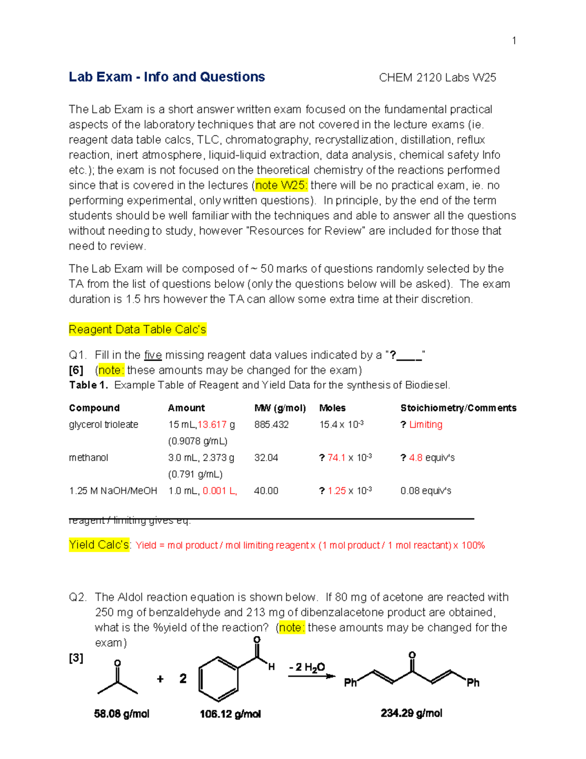Lab Exam CHEM 2120 W25 - summary - Lab Exam - Info and Questions CHEM ...