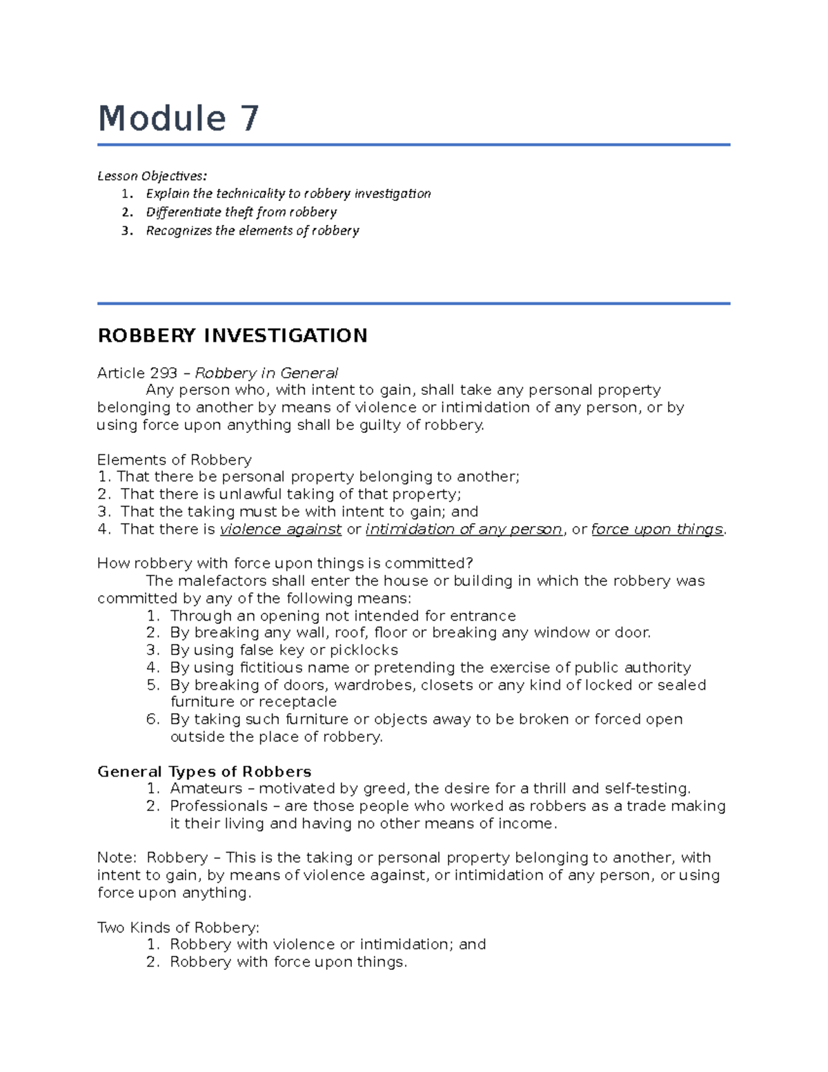 CDI 2 Midterm Week 1: Understanding Robbery Investigations and Elements ...