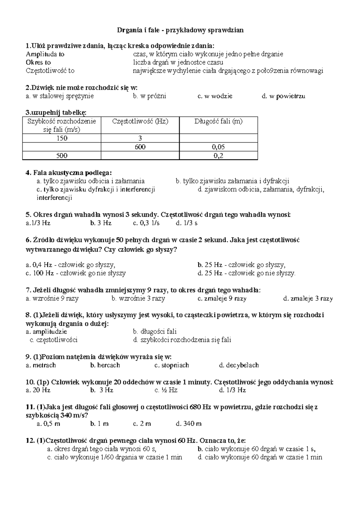 Sprawdzian Z Fizyki Dział Ruch Drgający I Fale www.studocu.com