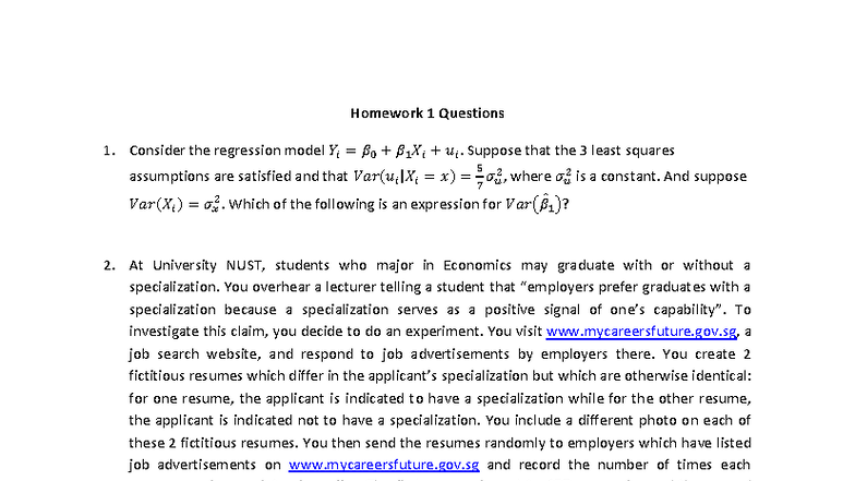 Homework 1: Regression Analysis and Experimental Design Questions - Studocu
