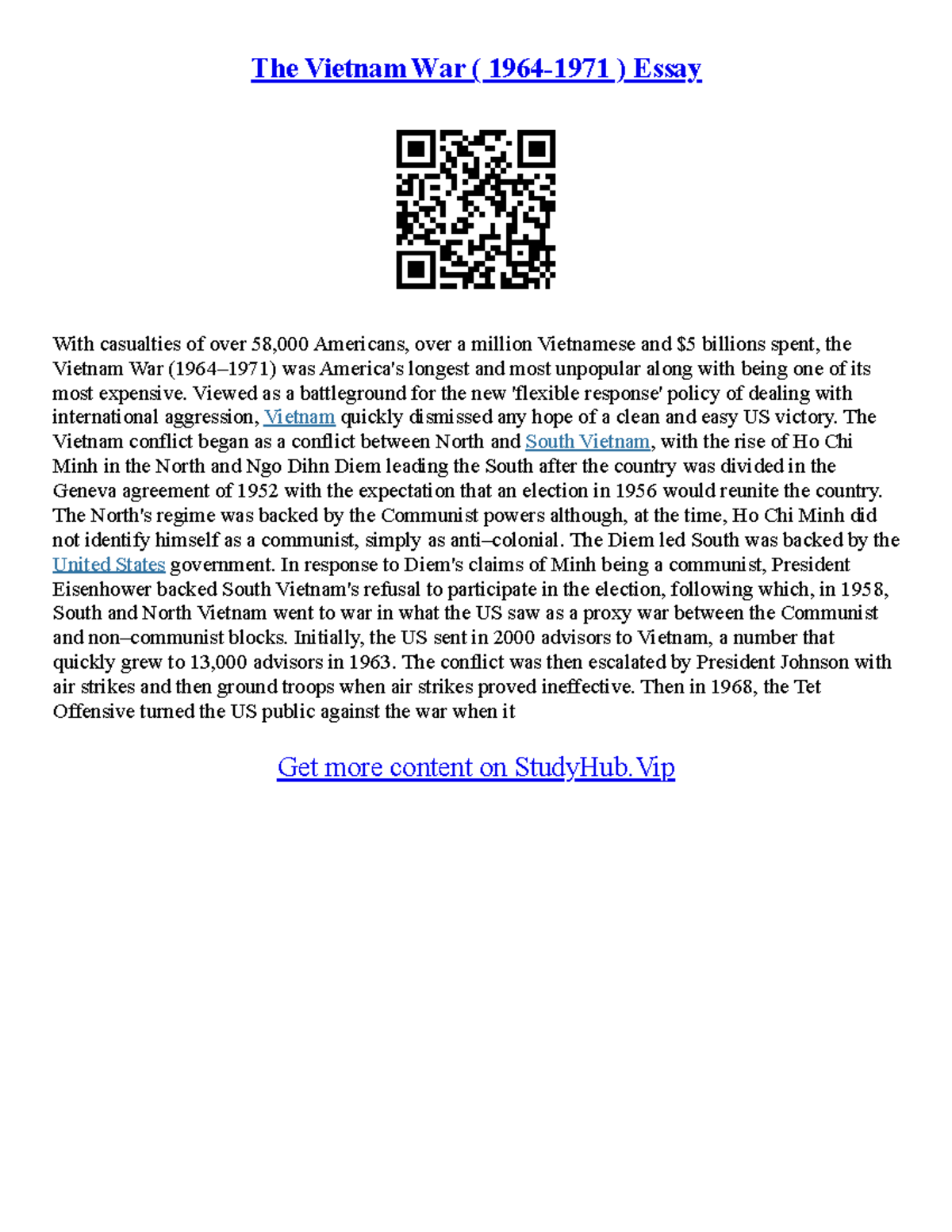 Vietnam War Essay: Analyzing Events (1964-1971) and Their Impacts - Studocu
