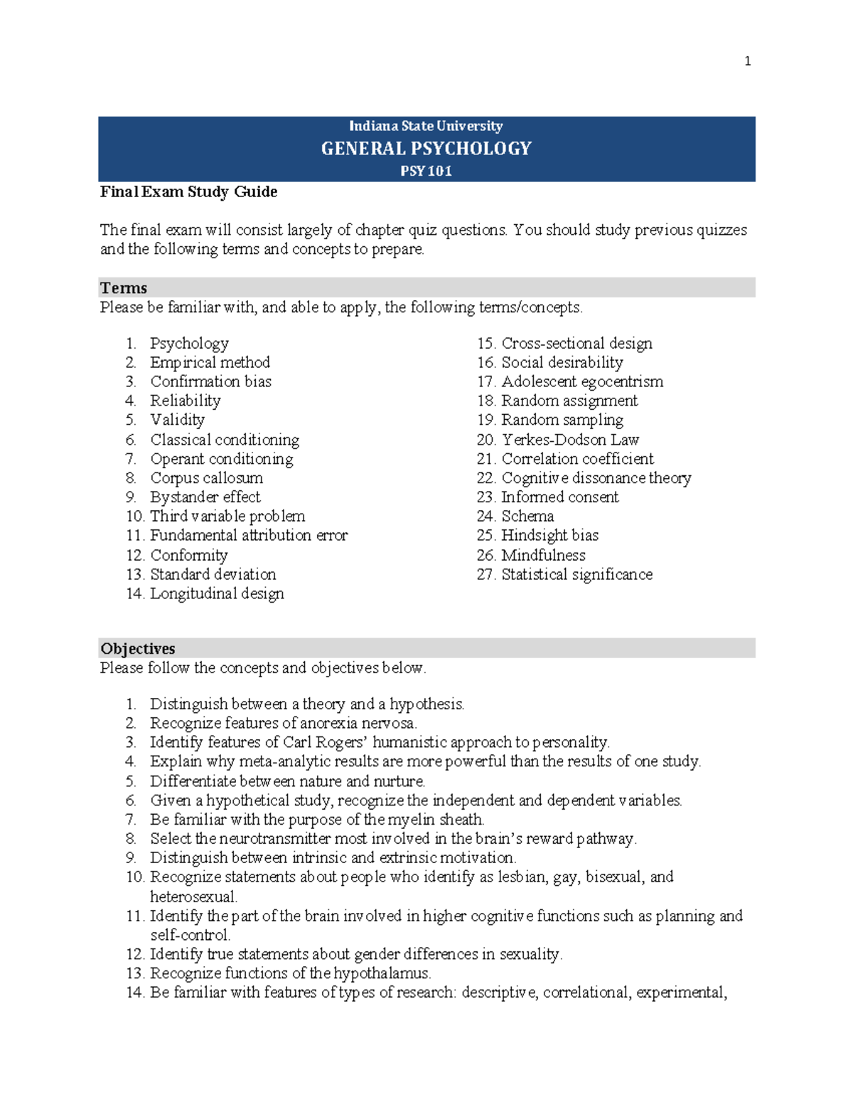 PSY 101 Final Exam Study Guide - Studocu