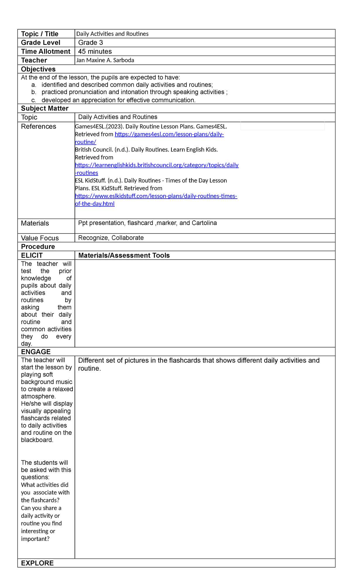 Lesson Plan for Daily Activities & Routines (Grade 3) by Jan Sarboda ...