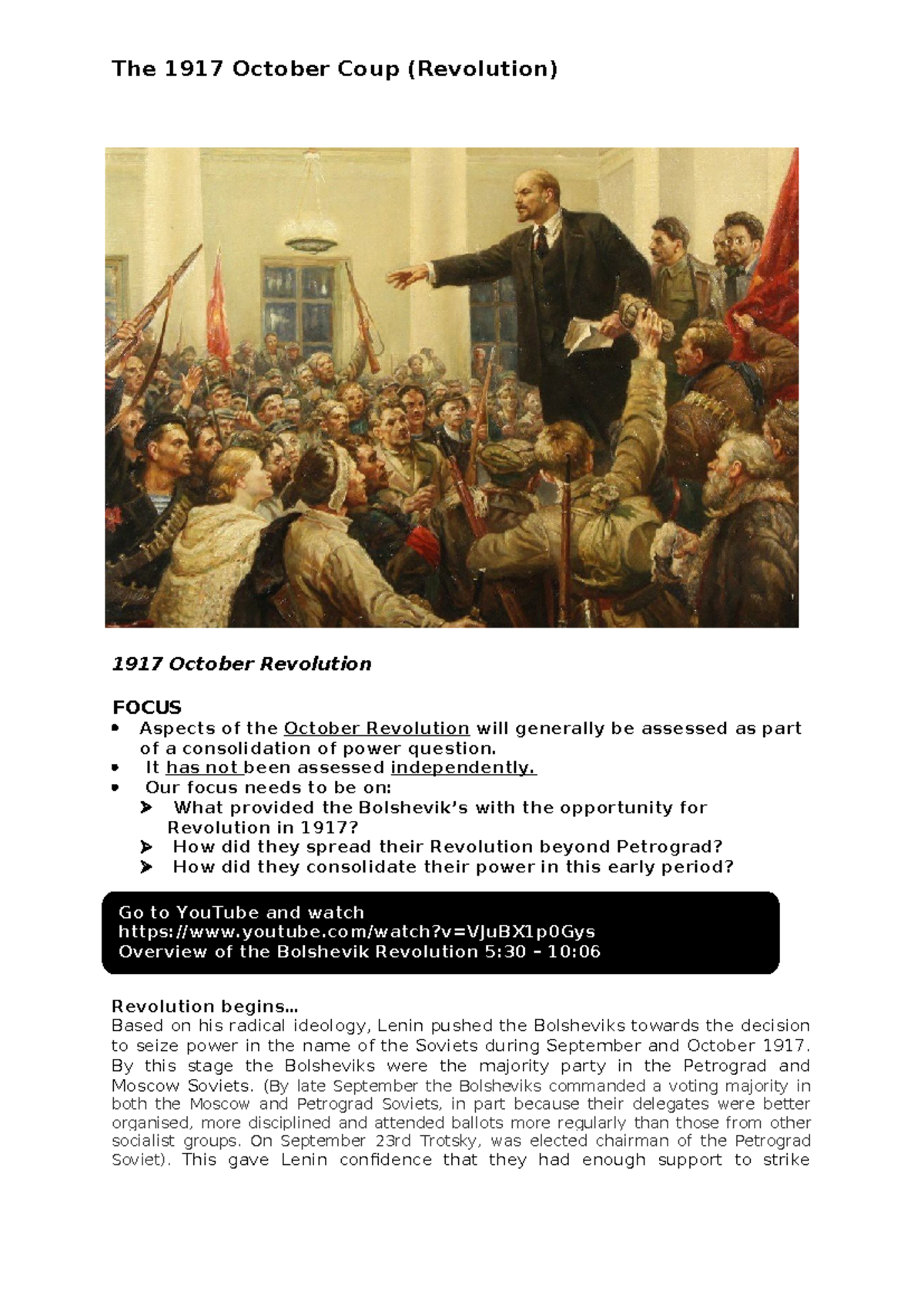 The 1917 October Revolution: Key Aspects and Lenin's Role - Studocu