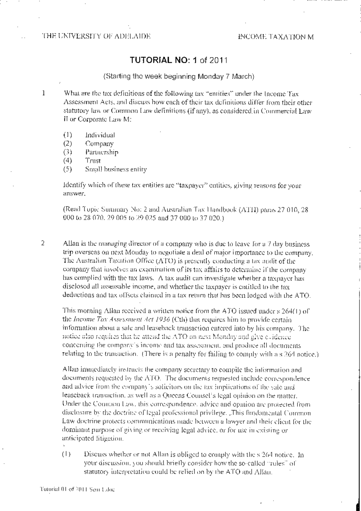2011 tax Tutorial answers - LAW 3521 - Studocu