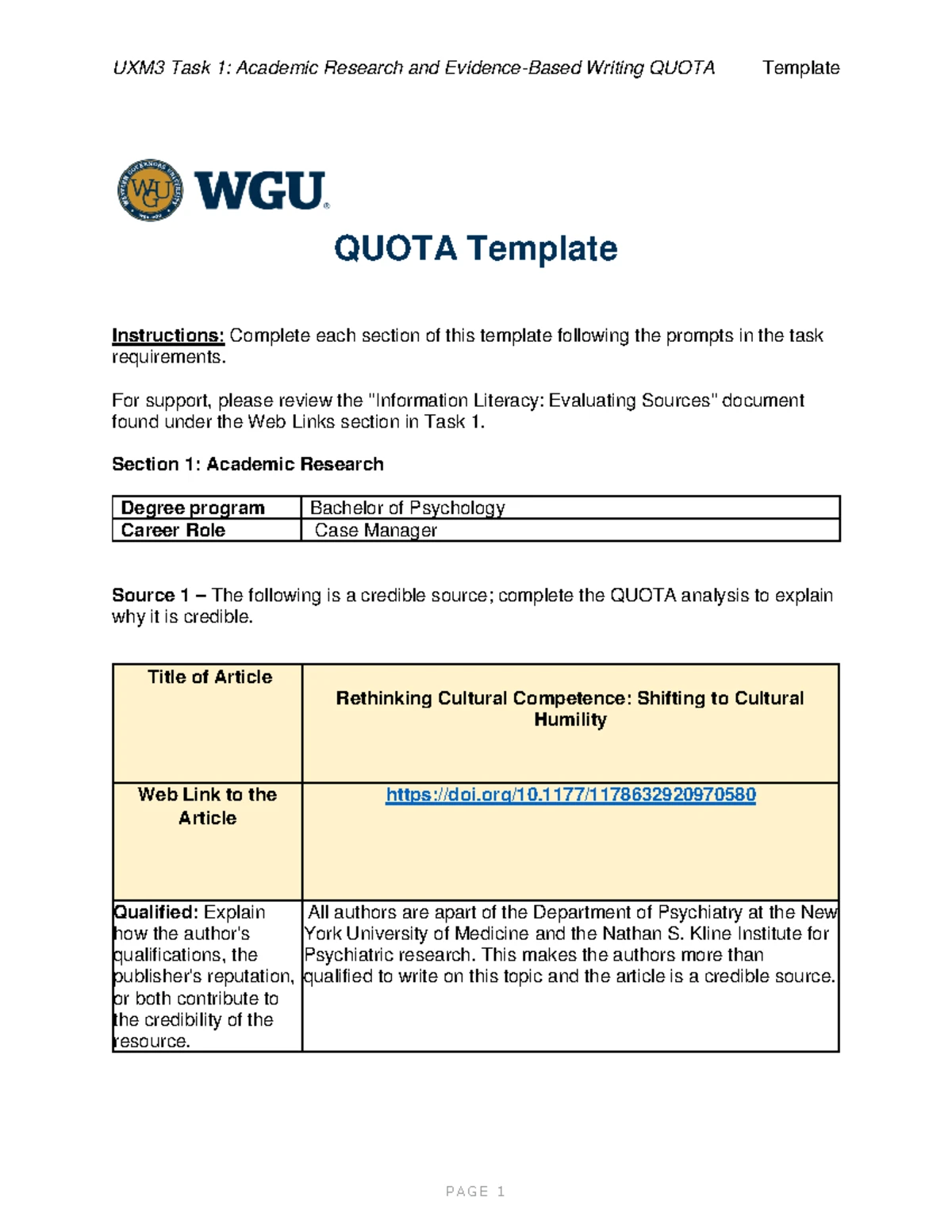 Mariah Reed PA Task 1 - d389 task 1 - QUOTA Template Instructions ...