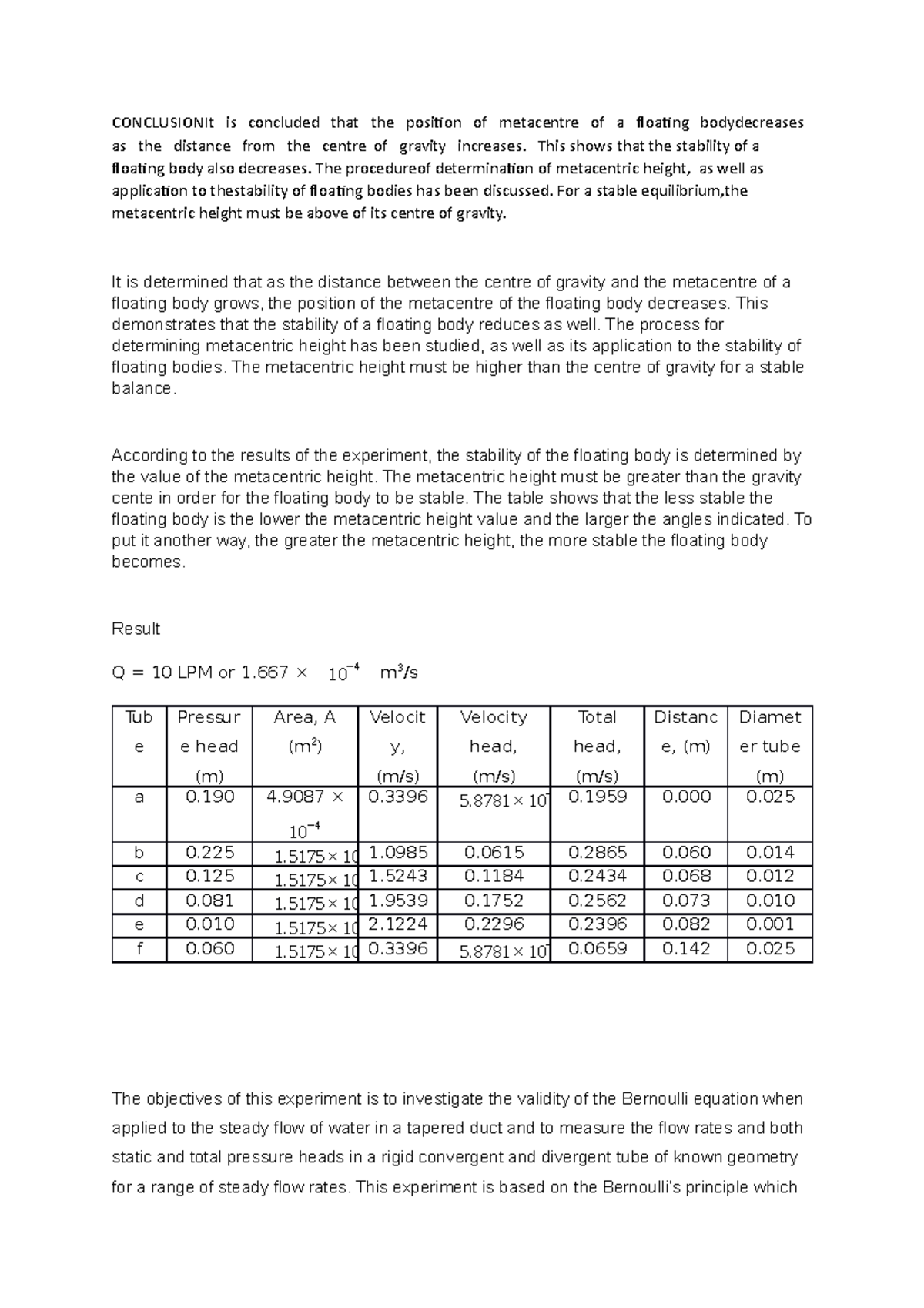 Conclusion Metacentric Lab Report - CONCLUSIONIt is concluded that the ...