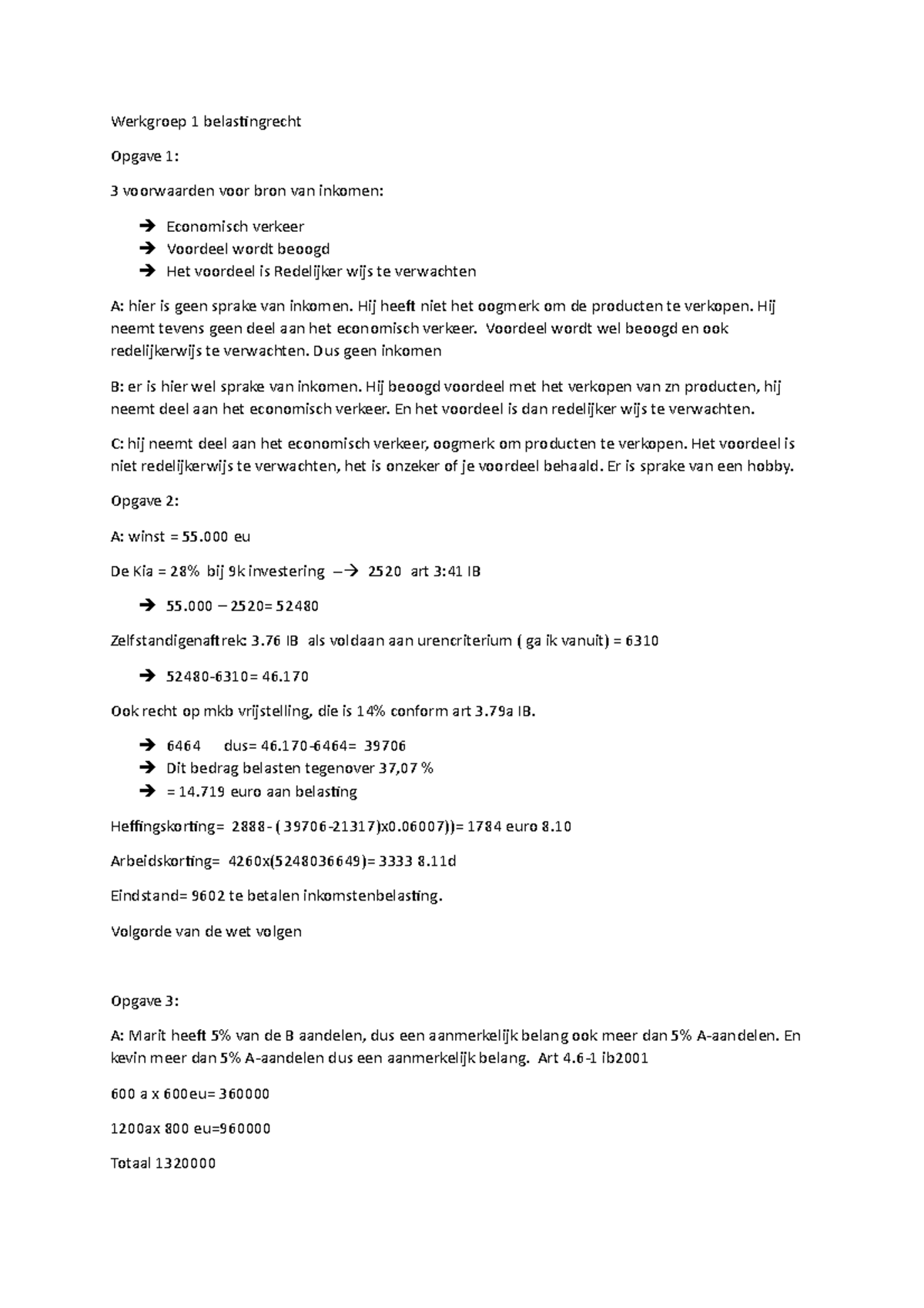 Werkgroep 1 Belastingrecht: Inkomsten en Winstberekeningen - Studeersnel