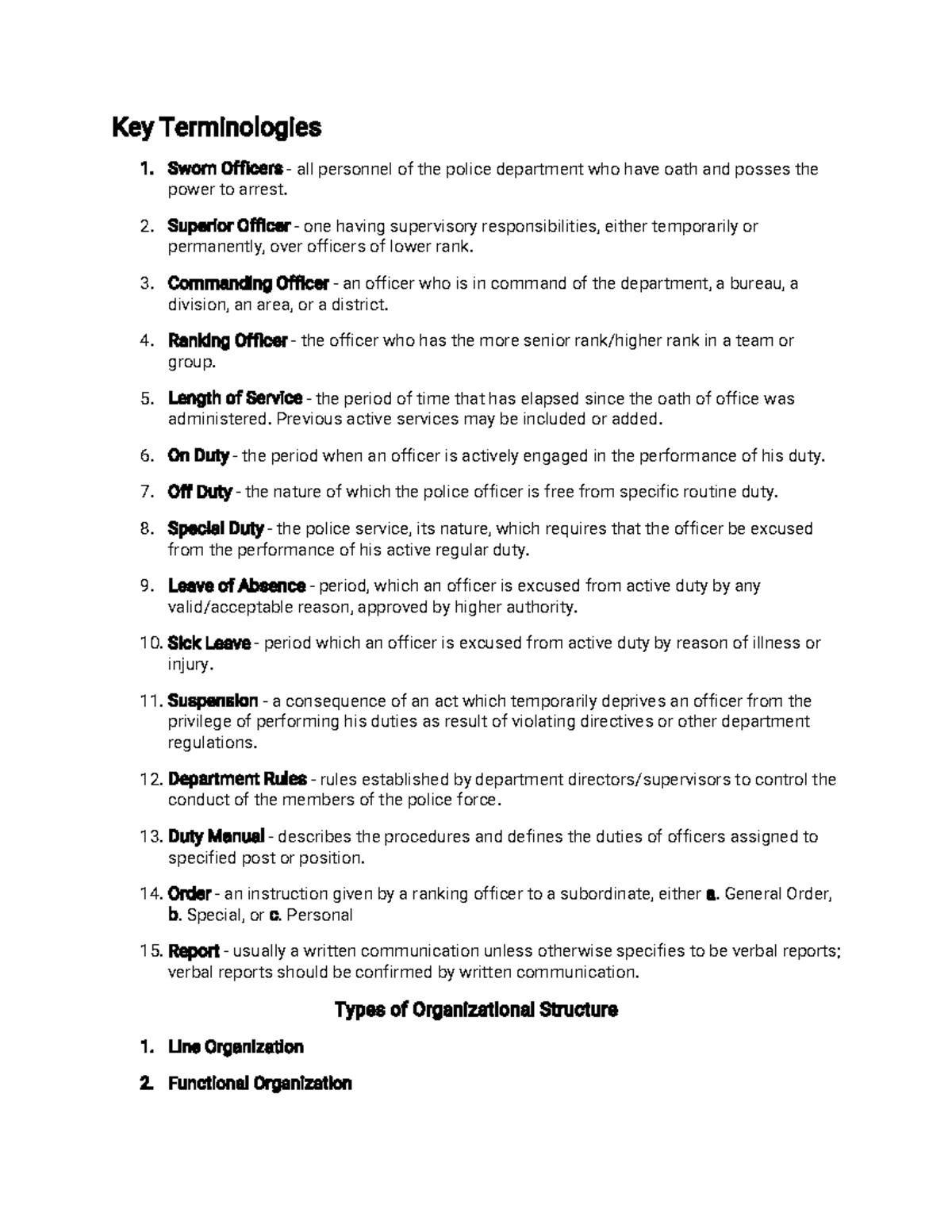 Midterm - Key Terminologies in Police Organization and Structure - Studocu