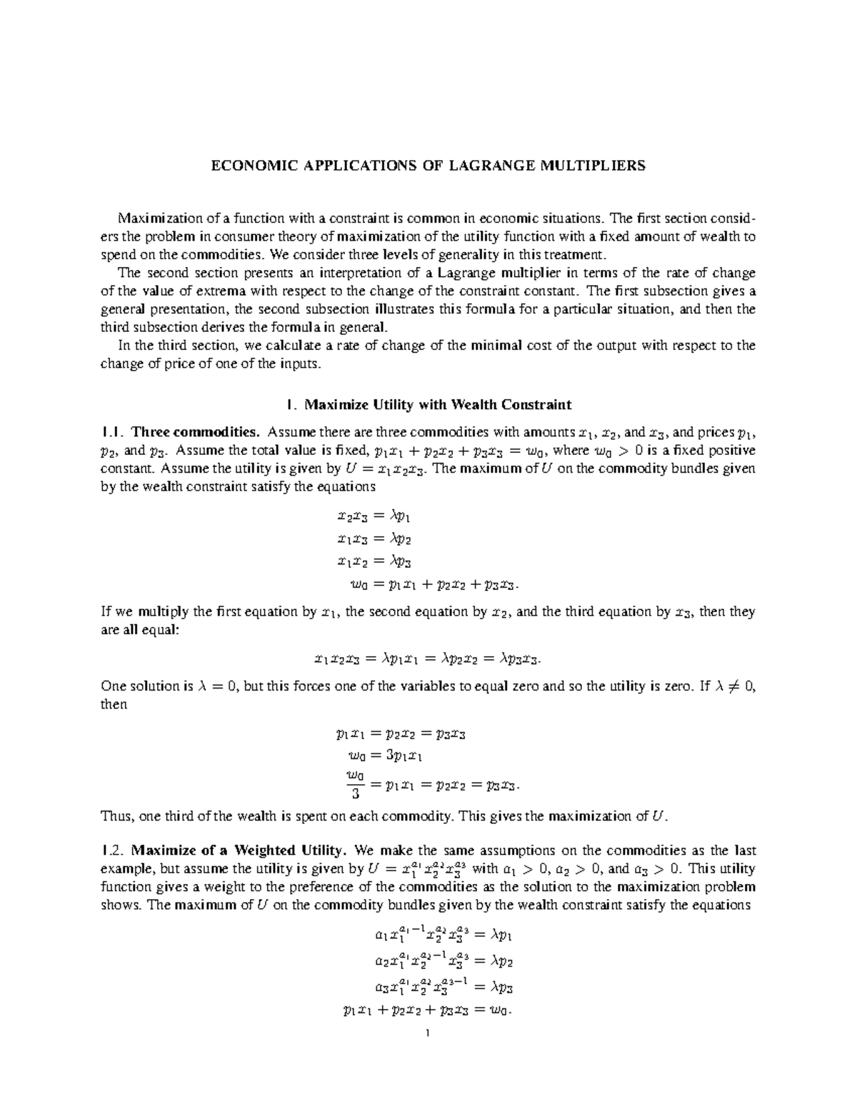 Lagrange Multiplier Method in Economics - Lecture Notes for Econ 201 ...