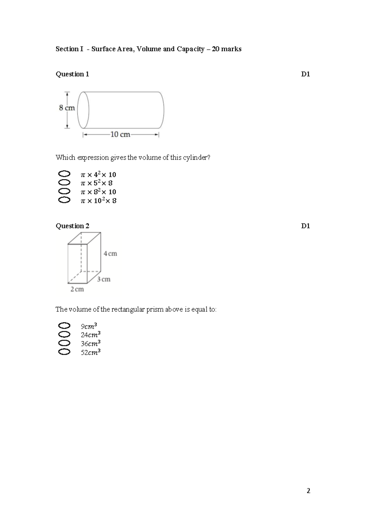 Volume A Exams: Surface Area, Volume & Capacity Questions - Studocu