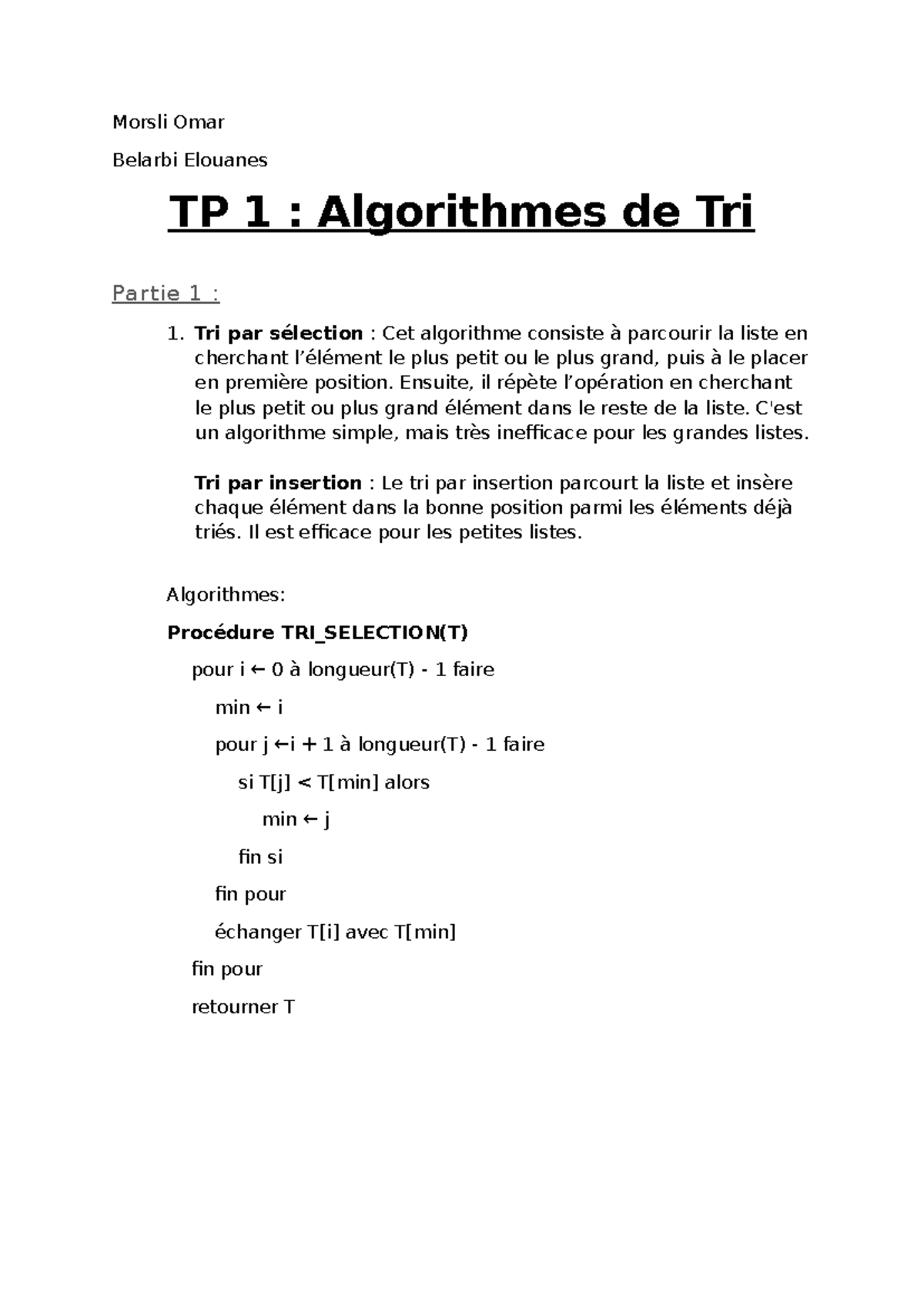 TP 1 - Algorithmes de Tri : Sélection et Insertion - Complexités - Studocu