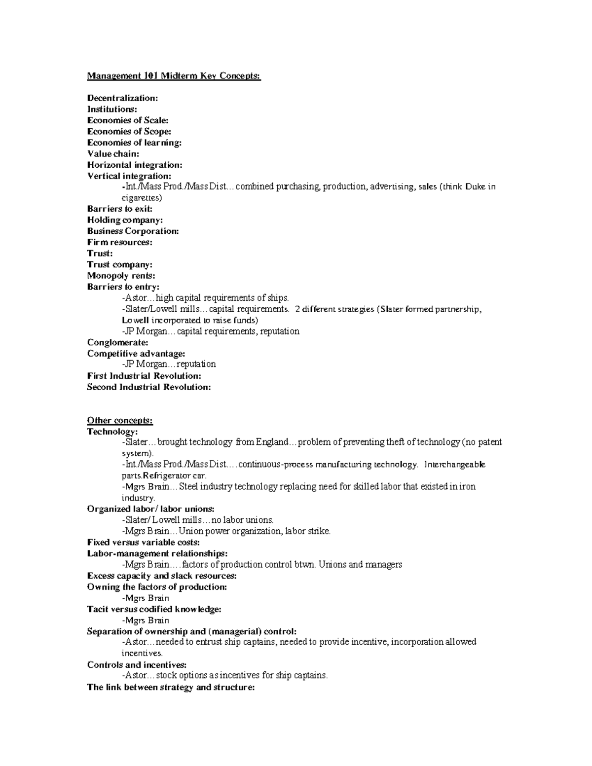 Mgmt 101 Midterm Key Concepts - Management 101 Midterm Key Concepts ...