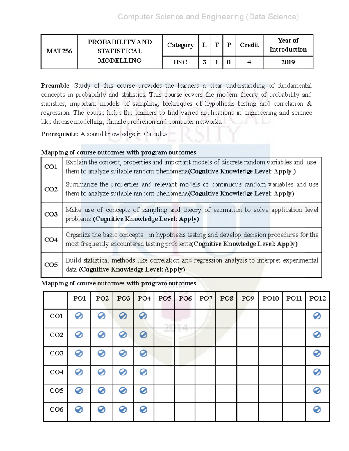 Syllabus of probability and statistical modelling - MAT PROBABILITY AND ...