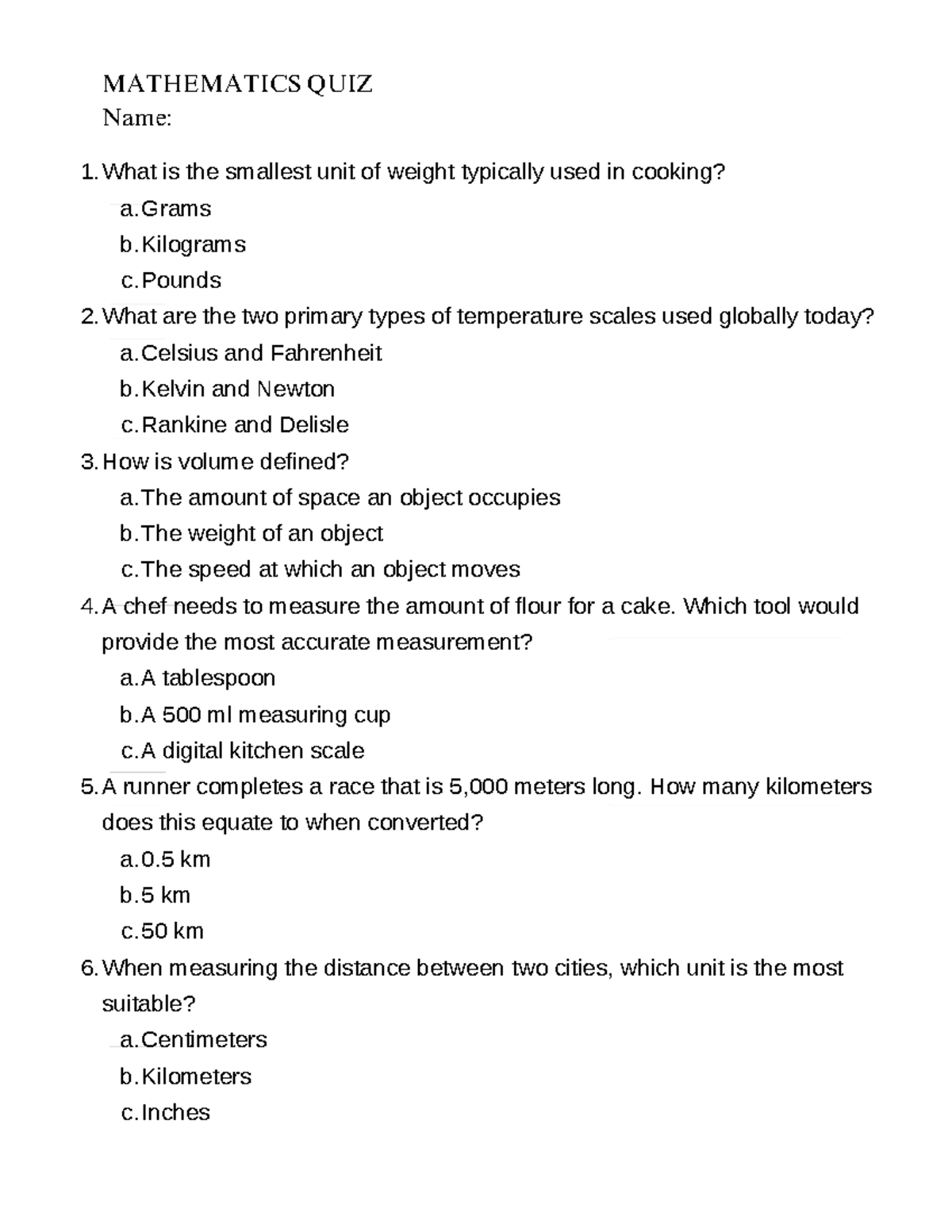 CPEA MATHEMATICS QUIZ: 6th Grade Measurement Questions - Studocu