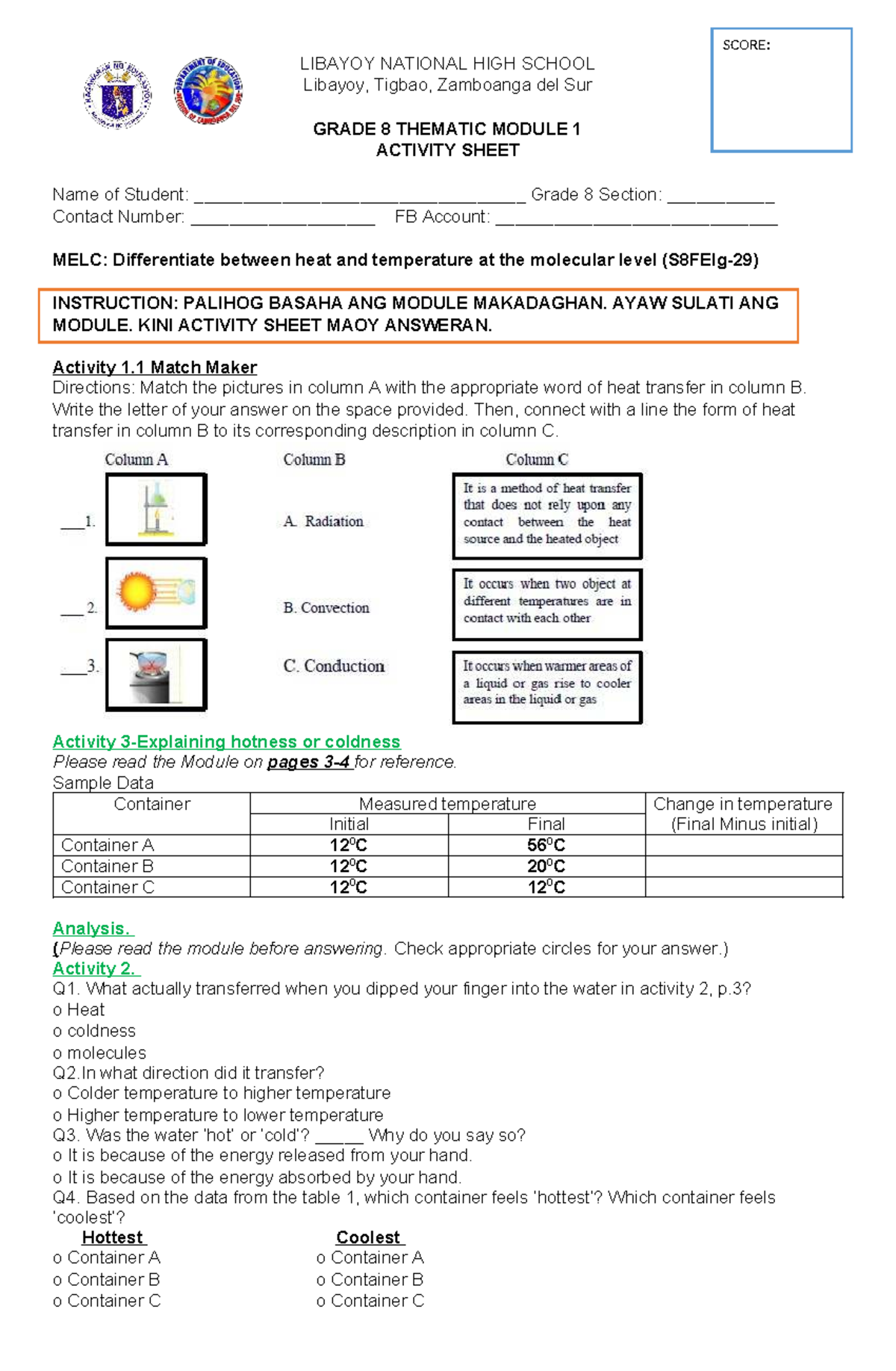 GRADE 8 THEMATIC MODULE 1: HEAT & TEMPERATURE ACTIVITY SHEET - Studocu