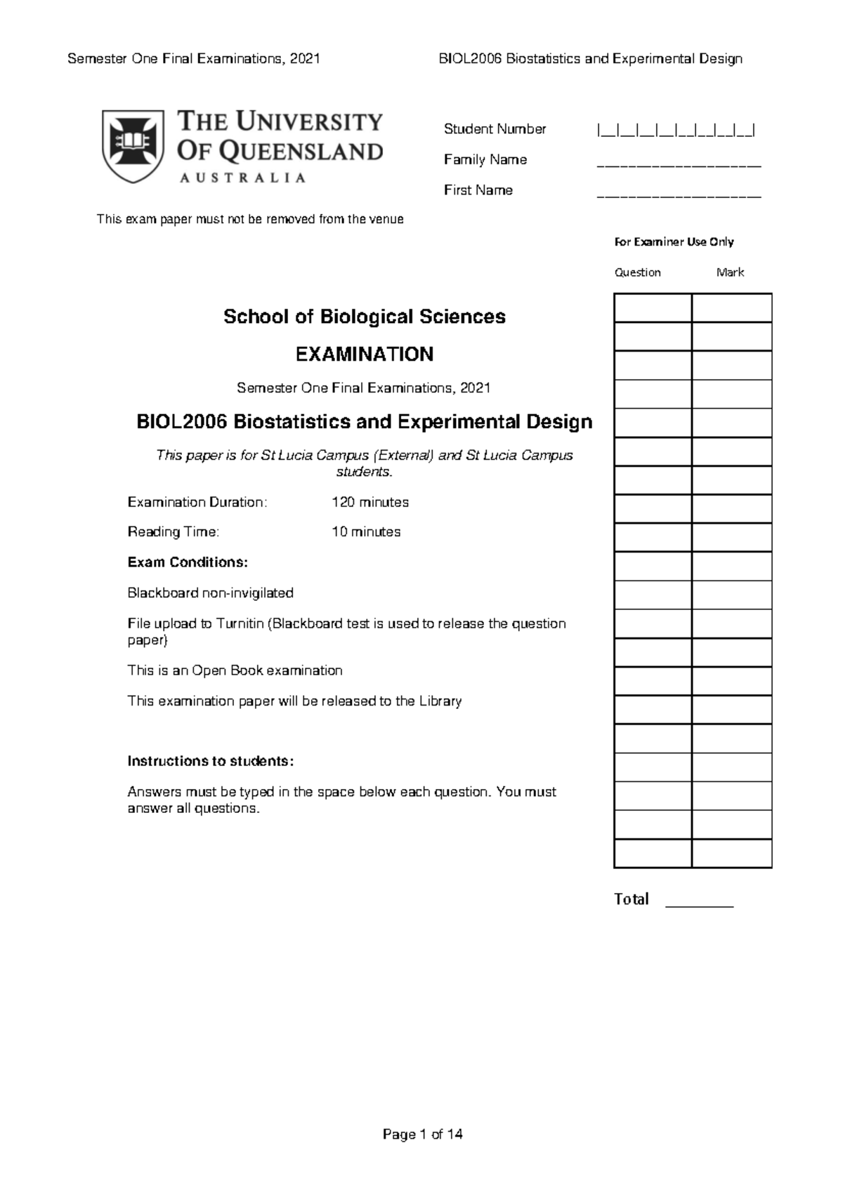 BIOL2006 Semester One Final Exam 2021: Biostatistics & Experimental ...