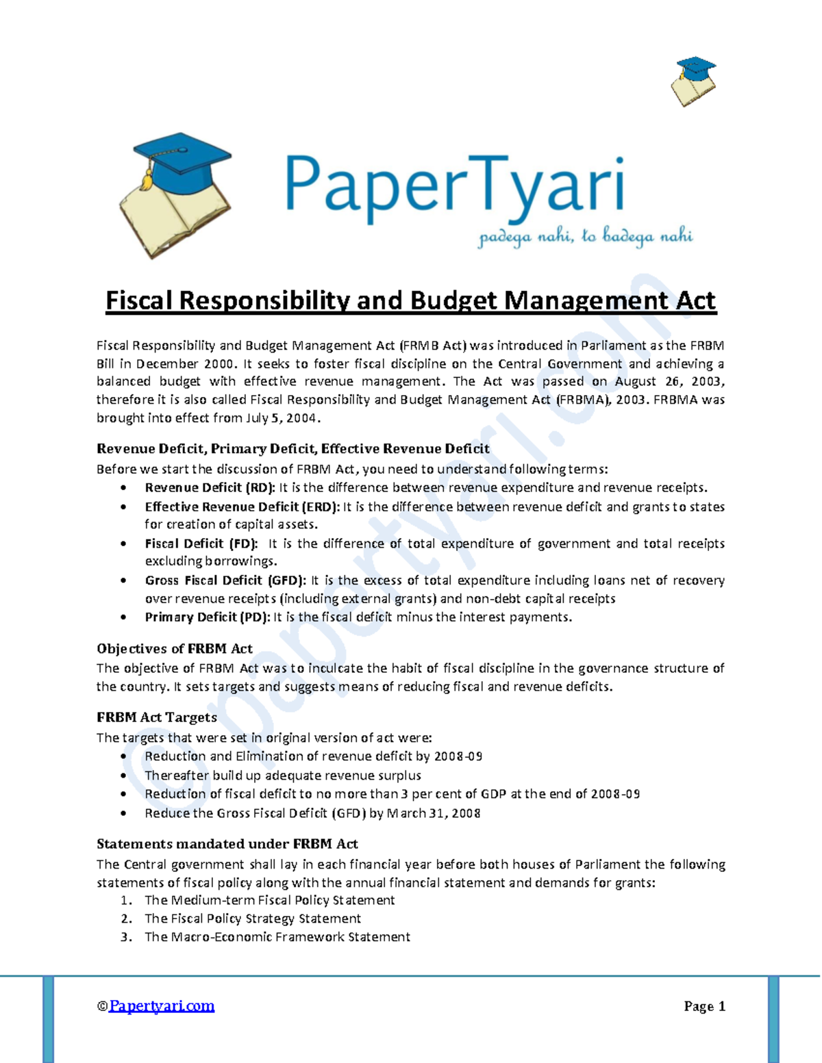 FRBM Act Overview and Objectives - Fiscal Responsibility Insights - Studocu