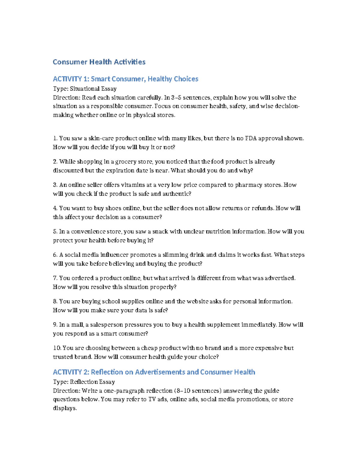 Consumer Health Reflection Activities: Smart Choices & Situational ...