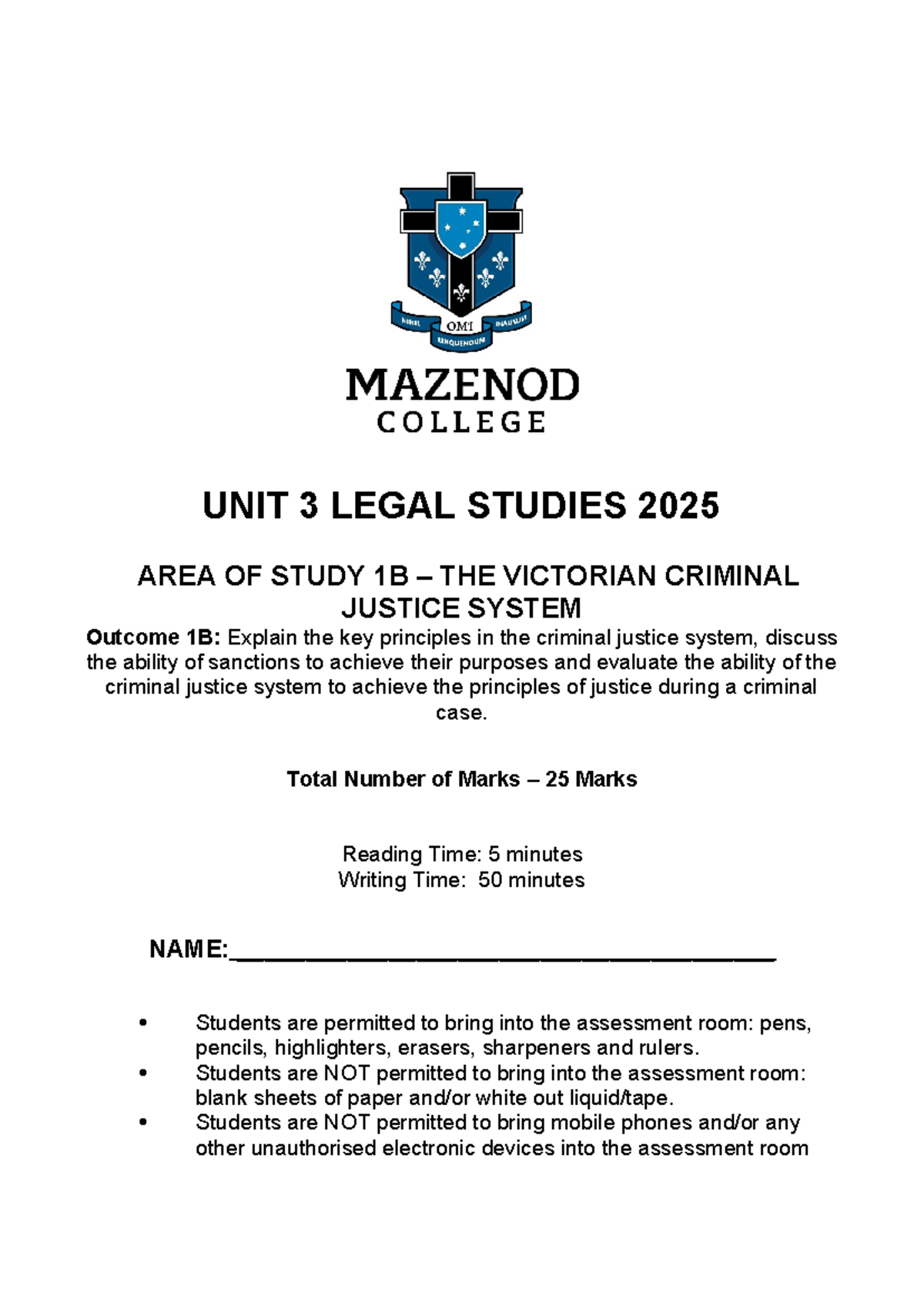 2025 Legal Studies - U3 AOS1 Part B SAC: The Victorian Criminal Justice ...