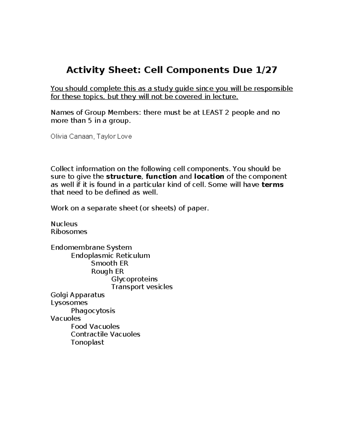 Cell Components Worksheet: Study Guide for Biology 101 - Studocu