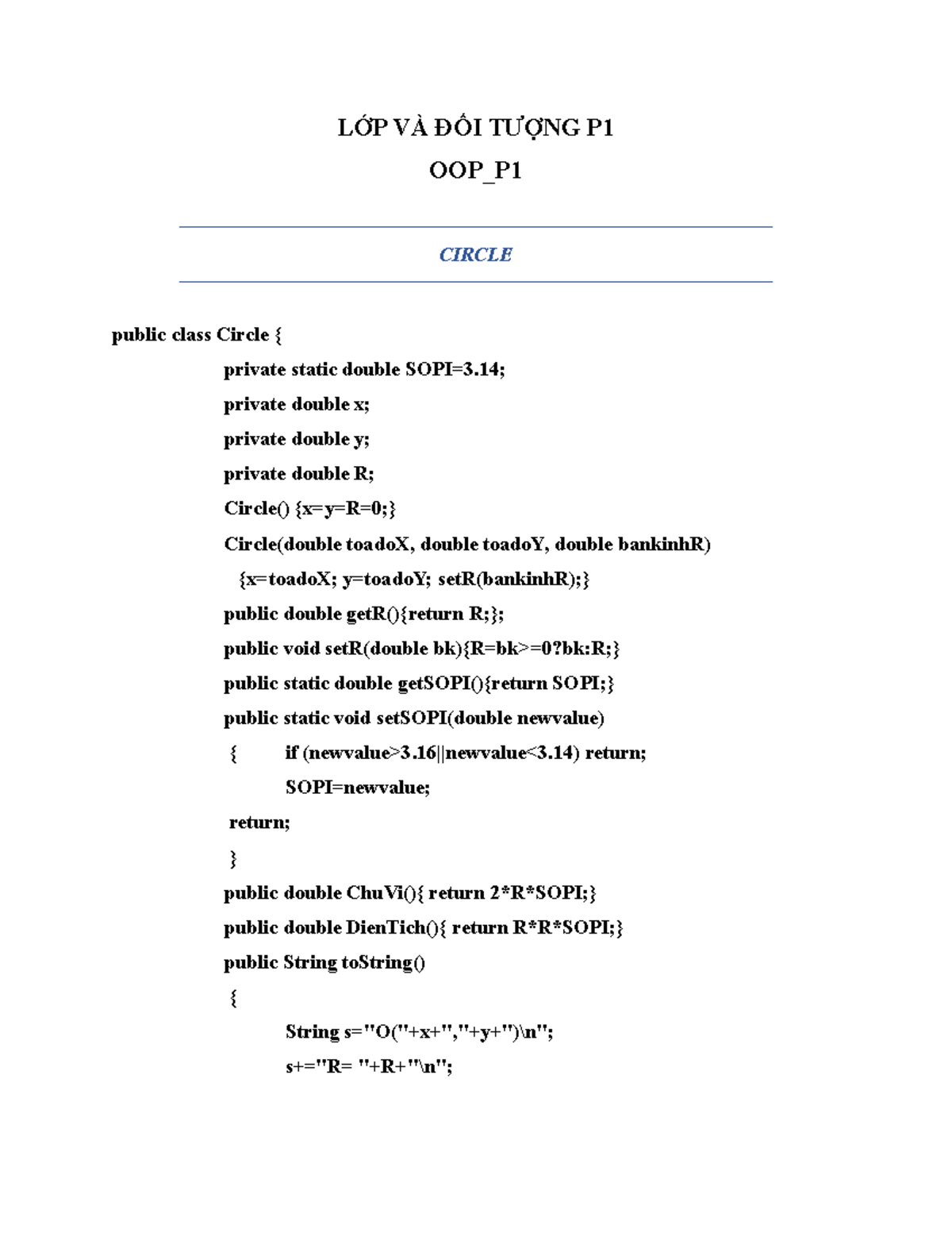 LỚP VÀ ĐỐI TƯỢNG P1 & P2 OOP: CIRCLE Class Implementation - Studocu
