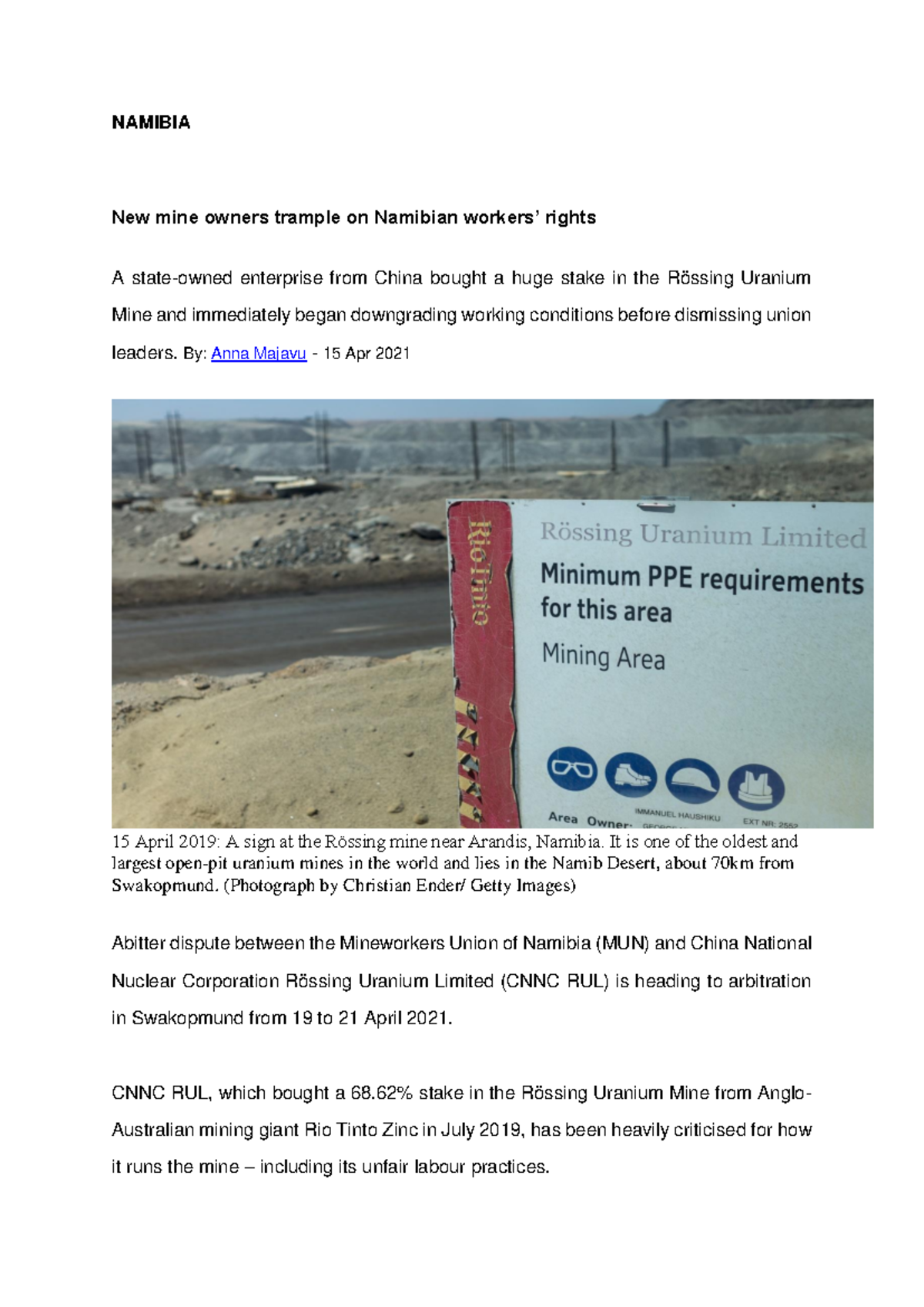 Namibia Media issues on labour 2022 - NAMIBIA New mine owners trample ...