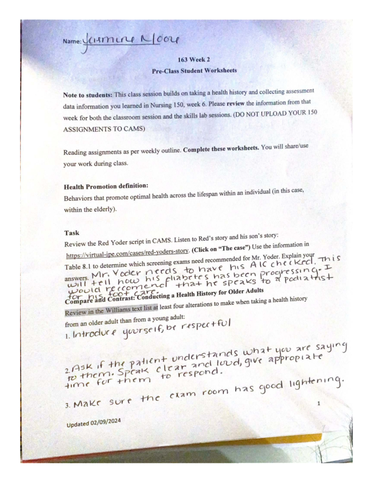 NUR 163 Week 2 - Health History & Vital Signs Worksheets - Studocu