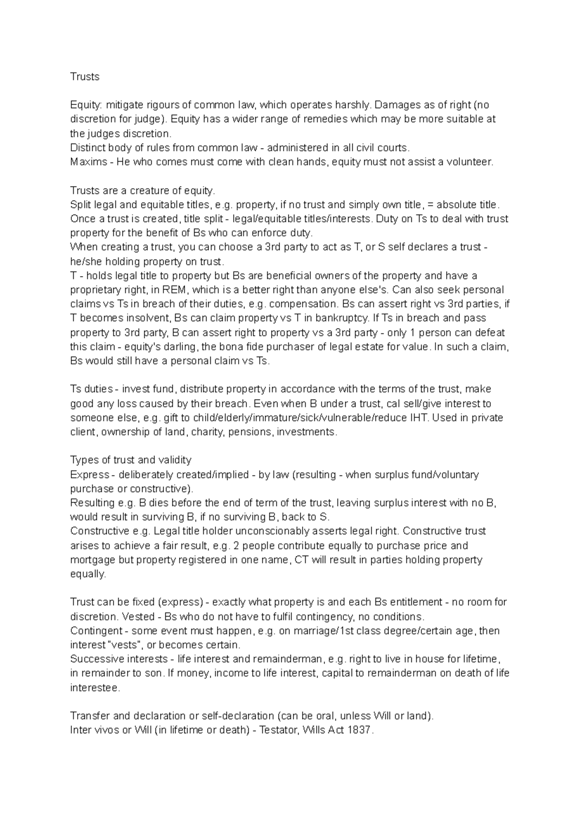 Trusts Revision Notes - LAw: Understanding Equity and Common Law - Studocu