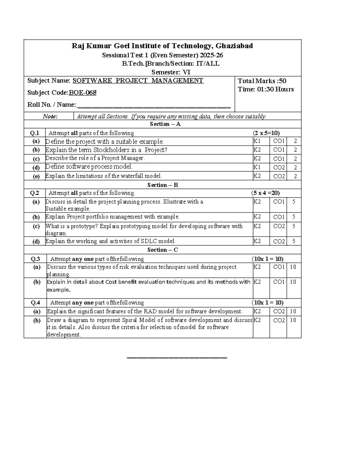 SPM 2025-26 Sessional Test 1 - Software Project Management - Studocu