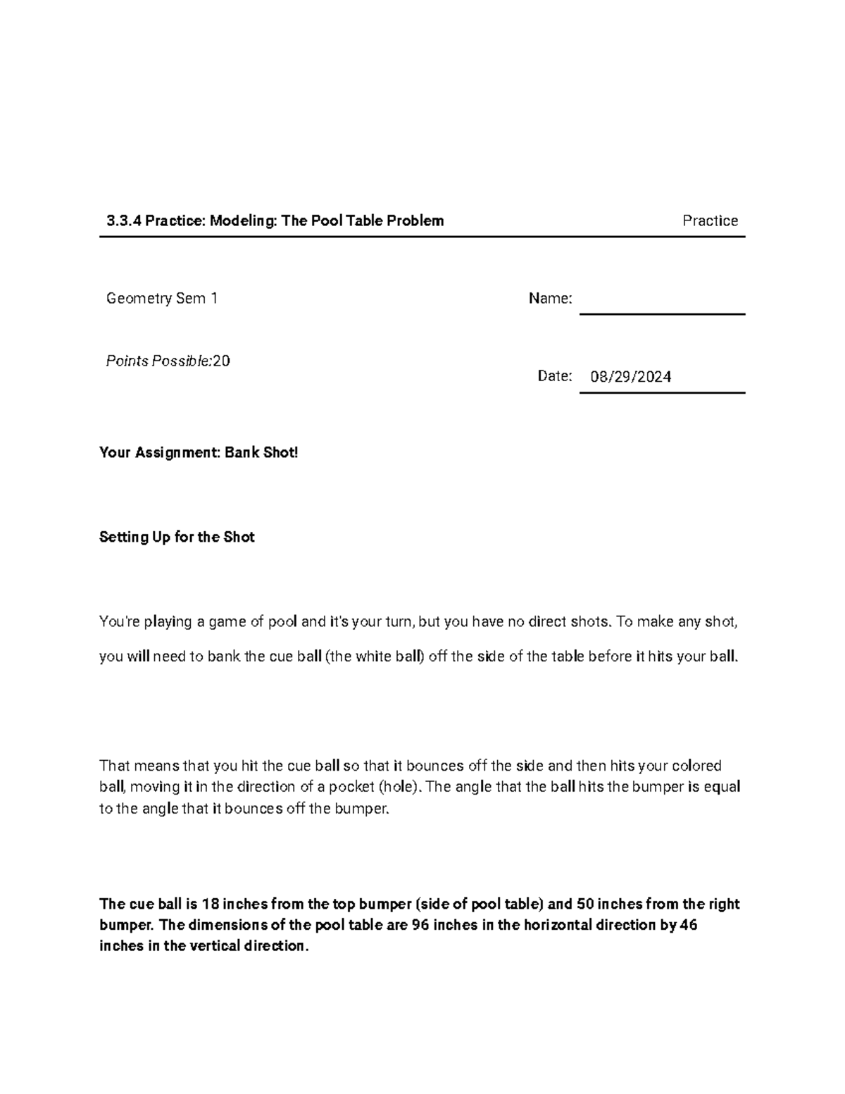 3.3.4 Practice - Geometry Pool Table Problem Assignments - Studocu