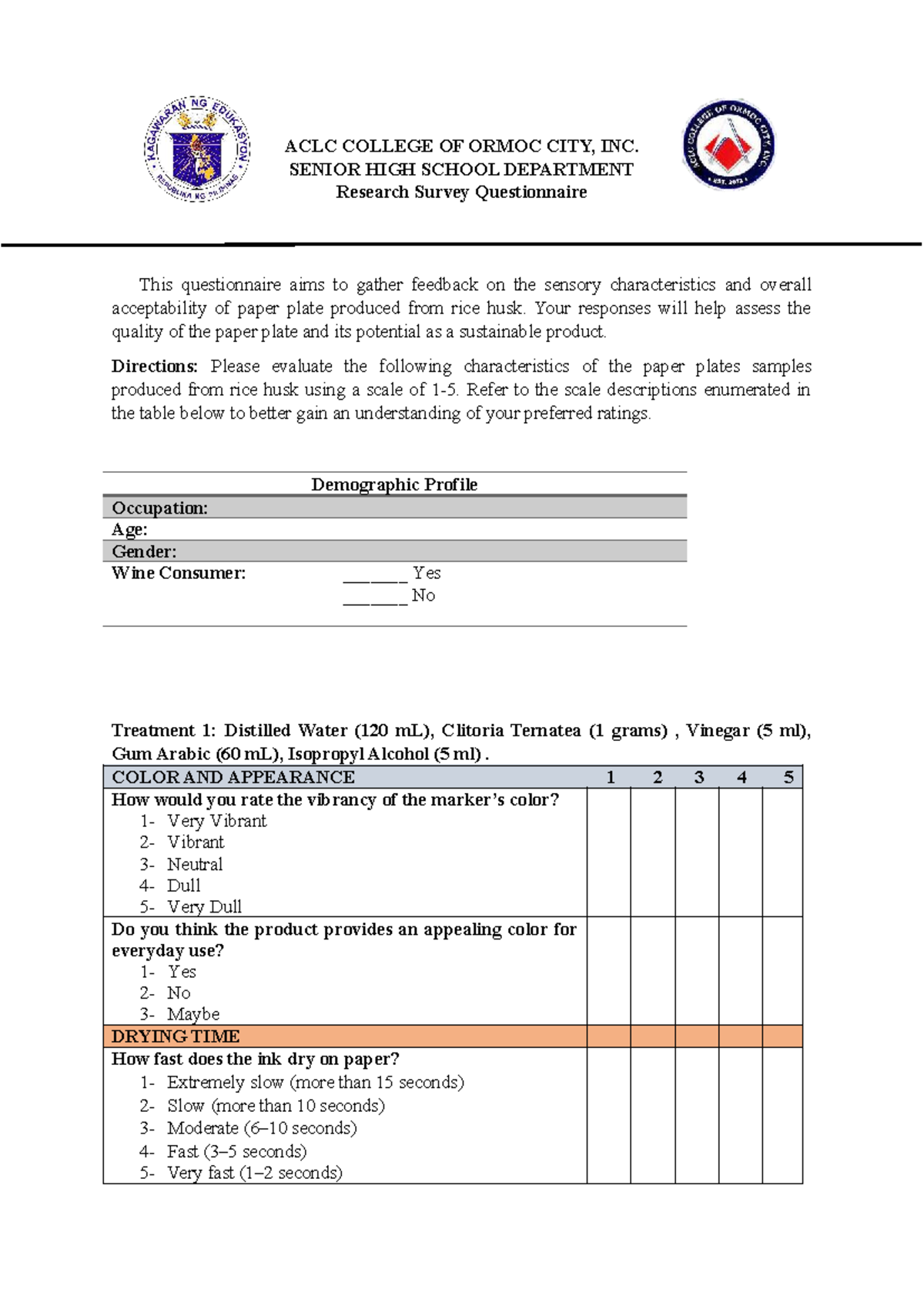 ACLC SHS Research Questionnaire on Rice Husk Paper Plates - Studocu
