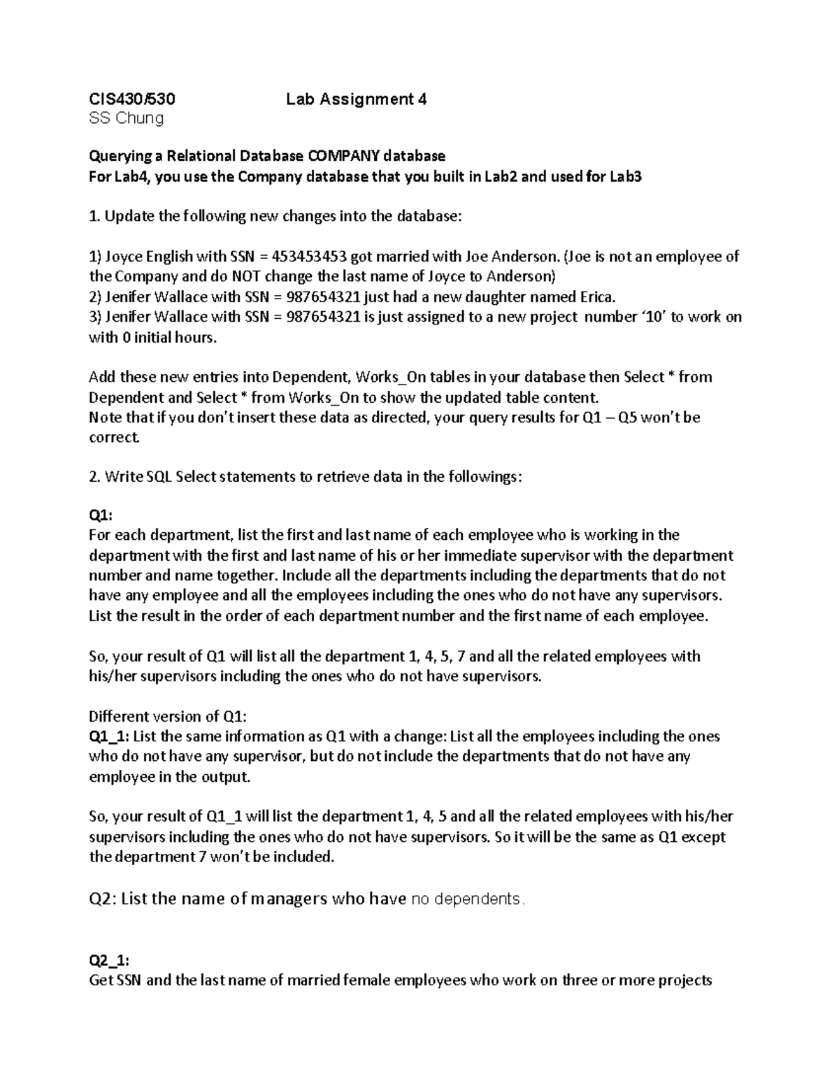 Lab4 CIS430 Advanced SQL: Querying the COMPANY Database - Studocu