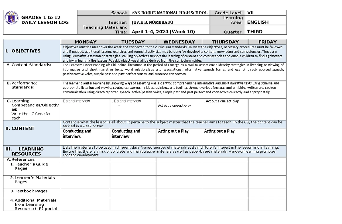 ENG 7 DLP Q1 WEEK 6 - SIMPLE PAST TENSE LESSON PLAN - Studocu