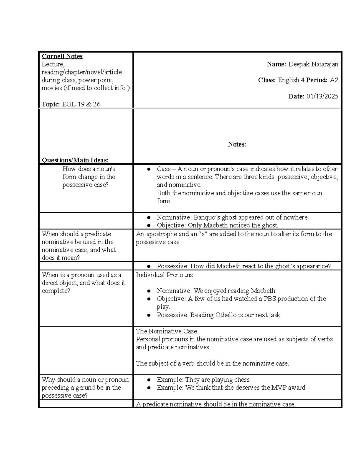 Cornell Notes - Cornell Notes Lecture, reading/chapter/novel/article ...