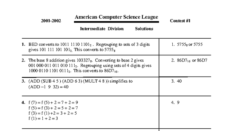 Intermediate Division - ACSL 2001-02 Contest 1 Solutions - Studocu