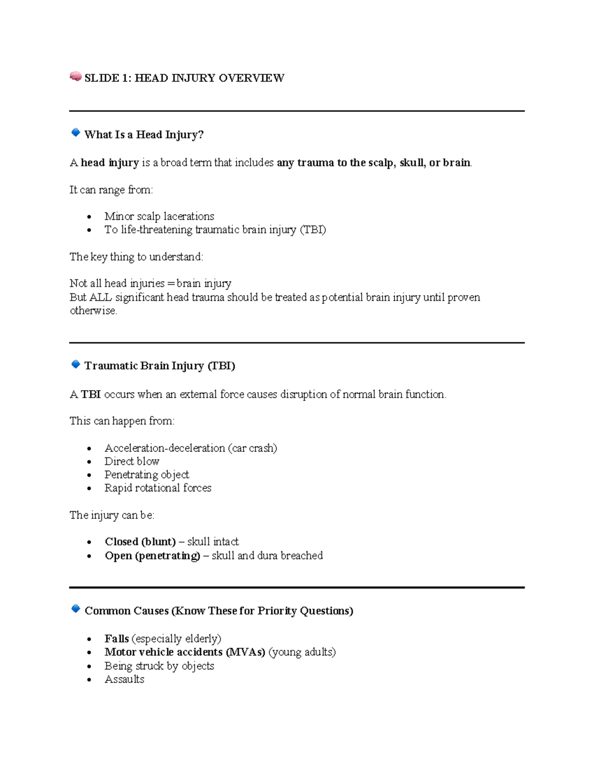 Lecture Notes on Head Injury and TBI Overview - Studocu