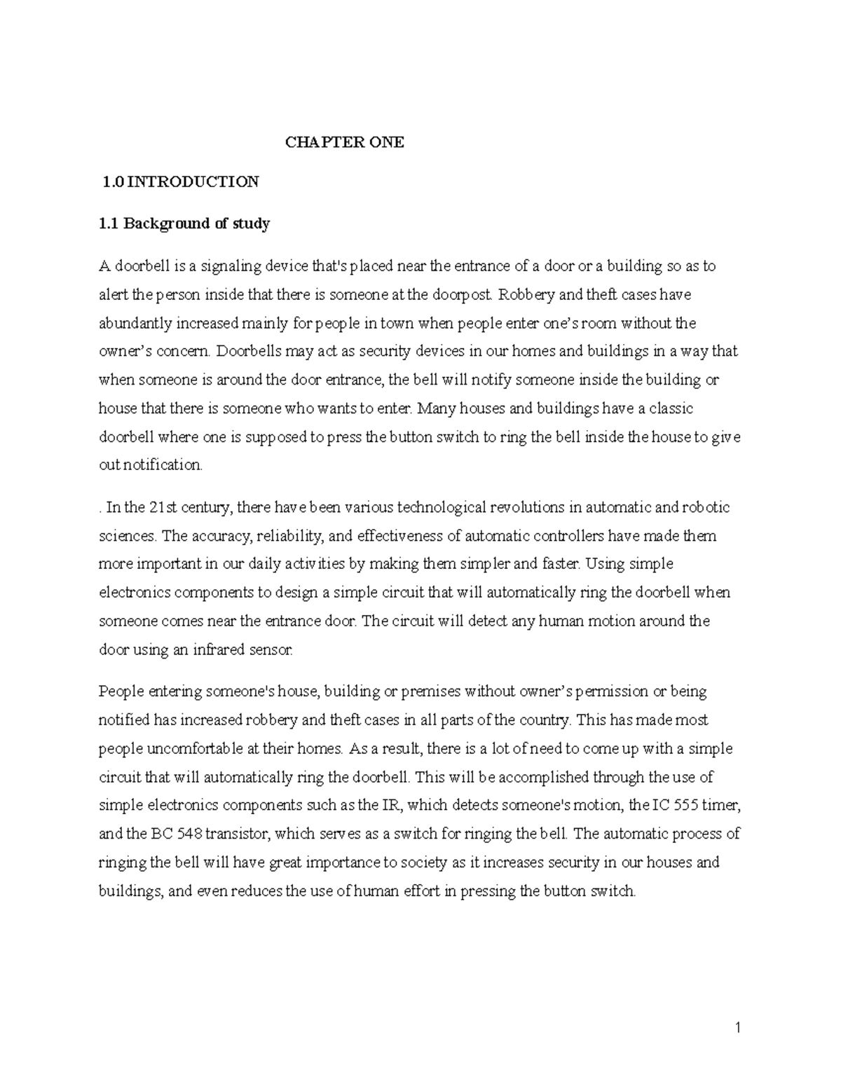 AUTOMATIC DOOR BELL USING IC555 TIMER AND IR SENSOR - CHAPTER ONE 1