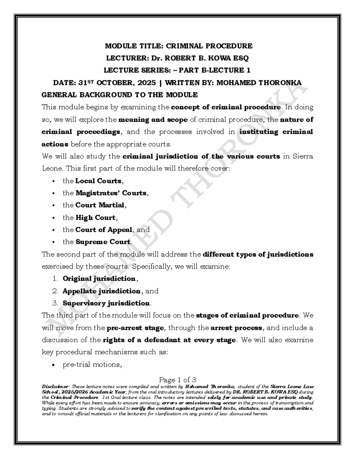 CRIMINAL PROCEDURE LECTURE 1 PART B - DR. ROBERT B. KOWA ESQ - Studocu