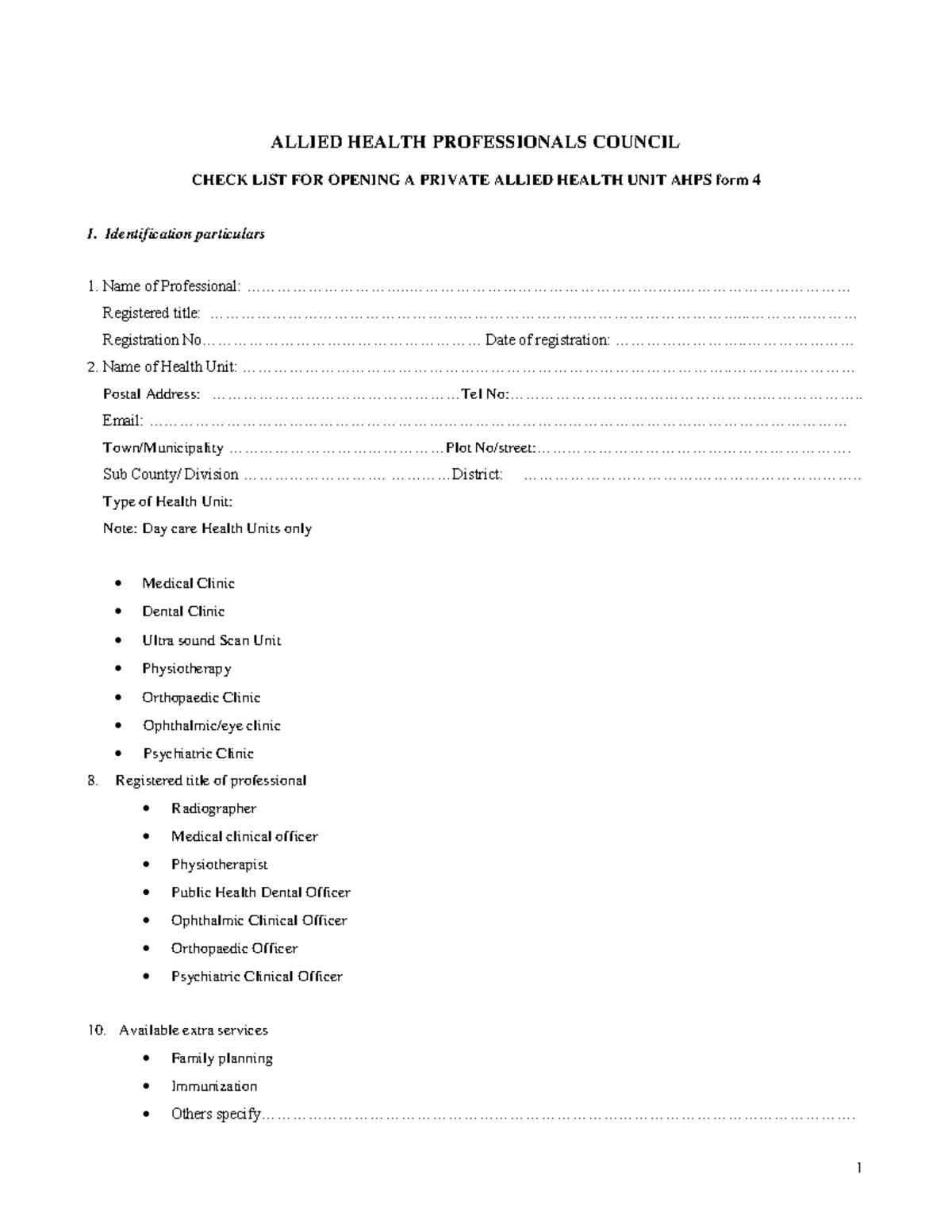 AHPS Form 4: Checklist for Opening a Private Allied Health Unit - Studocu