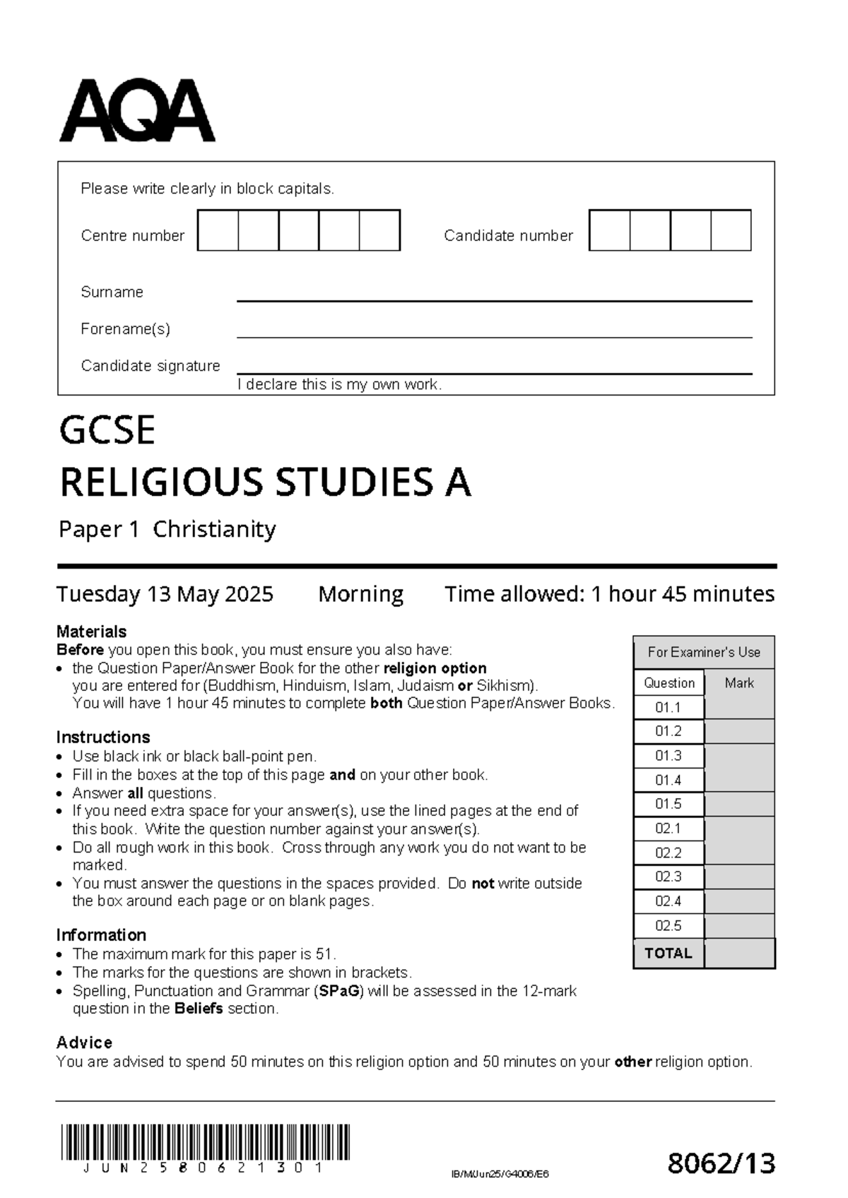 GCSE RELIGIOUS STUDIES A Paper 1 Christianity Exam 8062-13, 13 May 2025 ...