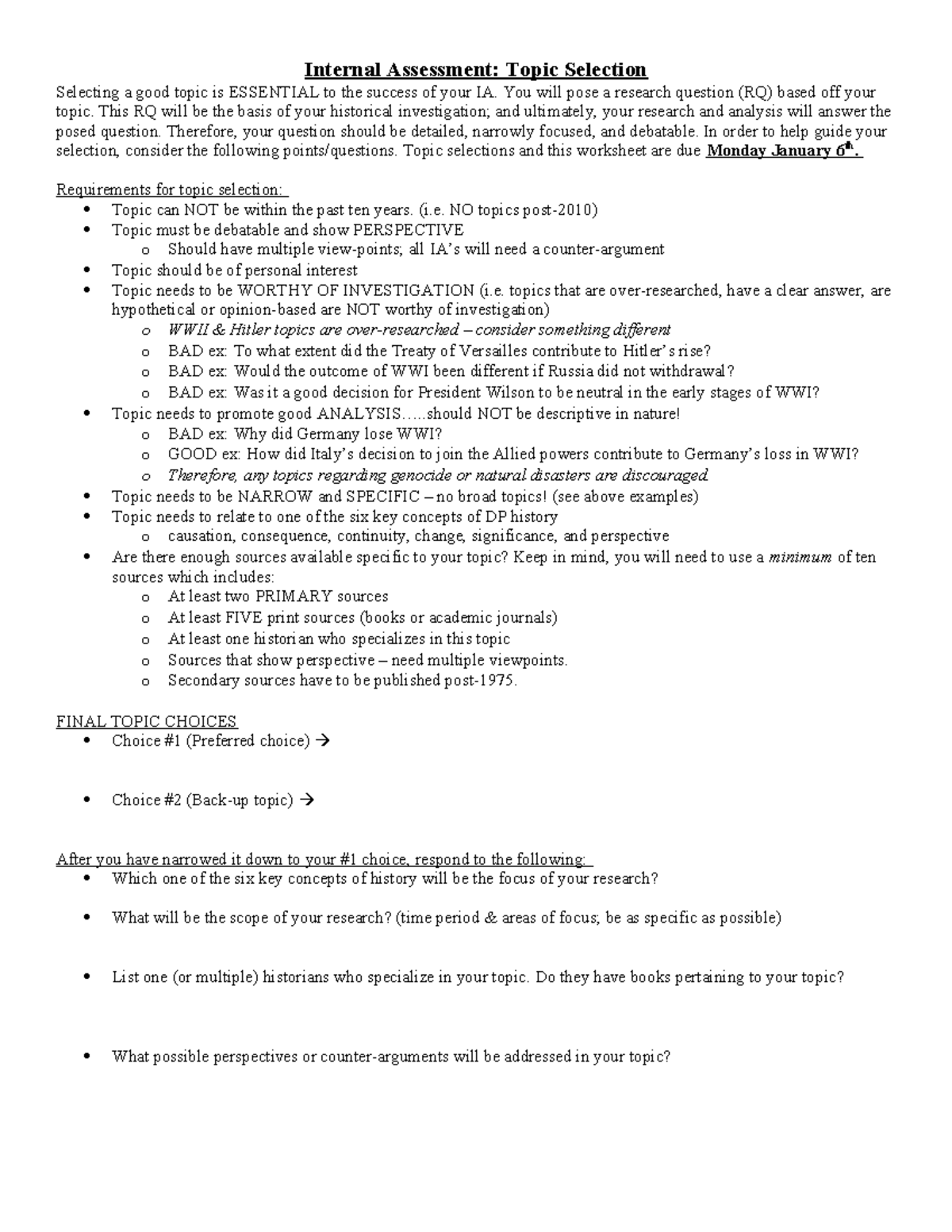 Topic Selection - IA - Internal Assessment: Topic Selection Selecting a ...