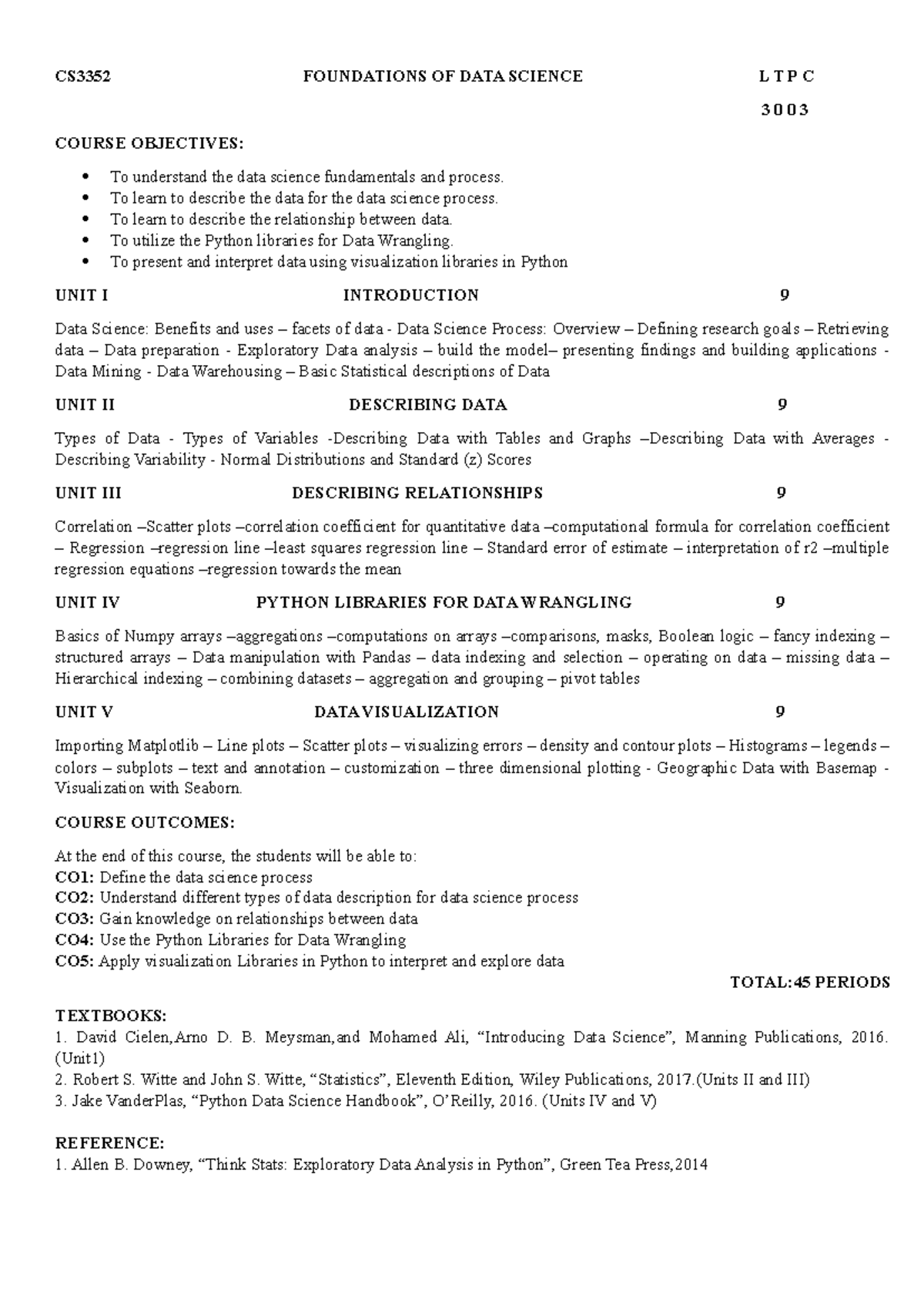 CS3352 Foundations of Data Science Syllabus and Course Overview - Studocu