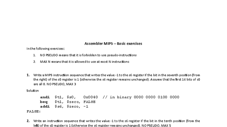 Assembler MIPS Exercises: Basic Concepts and Solutions (Course Code: 01 ...