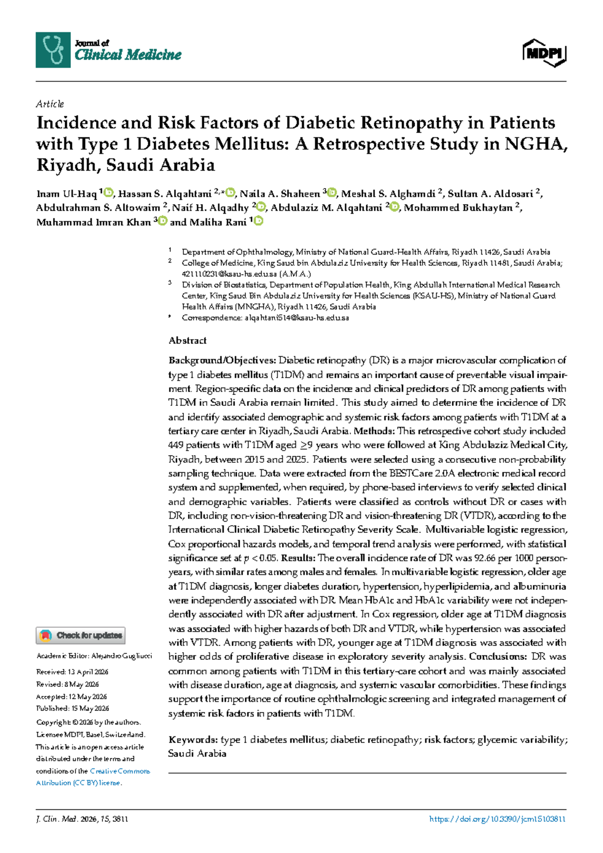 Incidence and Risk Factors of Diabetic Retinopathy in T1DM: A ...
